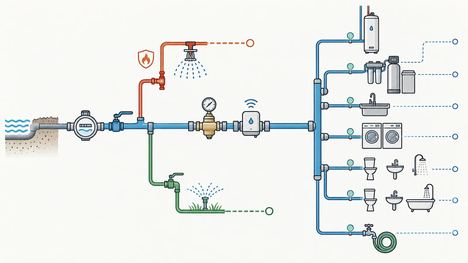 Illustrative new-home water topology showing service, meter, manual shutoff, fire-sprinkler and irrigation branches, PRV, automatic device, manifold, and sensor zones.
