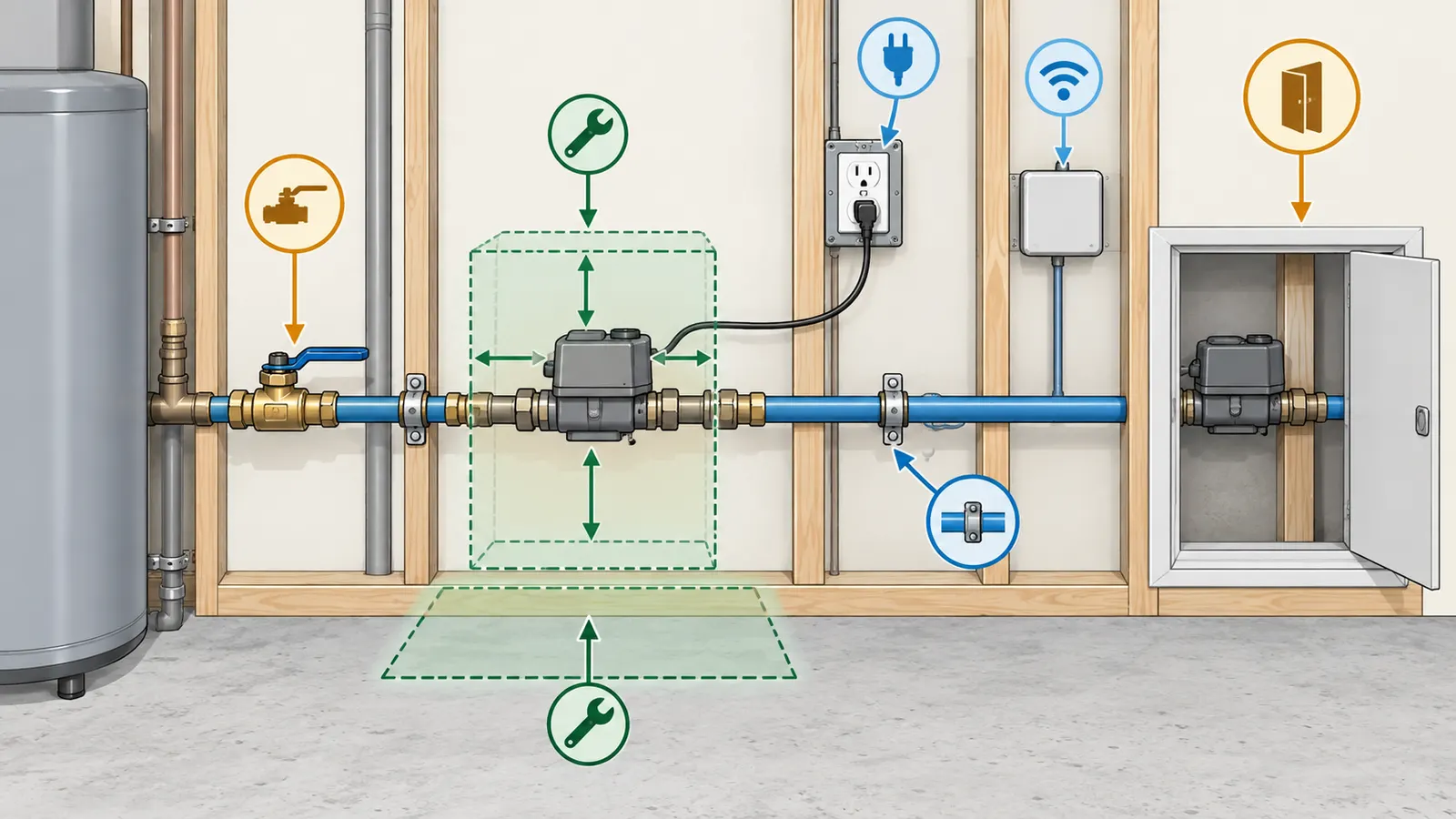 Utility-room cutaway showing the device, pipe run, access path, manual shutoff, power, controller, labels, support, and service clearance.