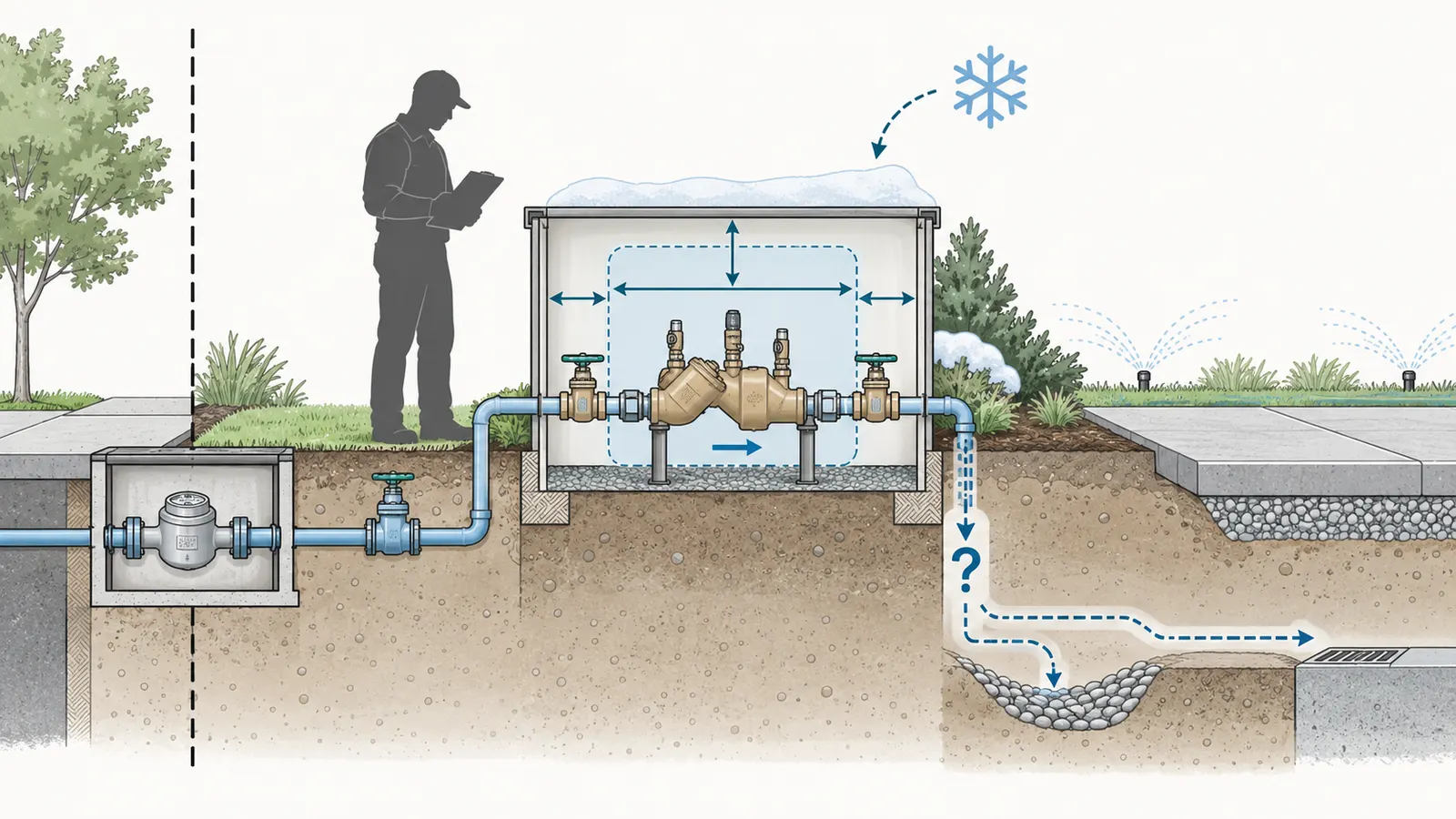 Cutaway planning view of an irrigation backflow assembly with meter, isolation valves, test access, finished grade, clearance and discharge route