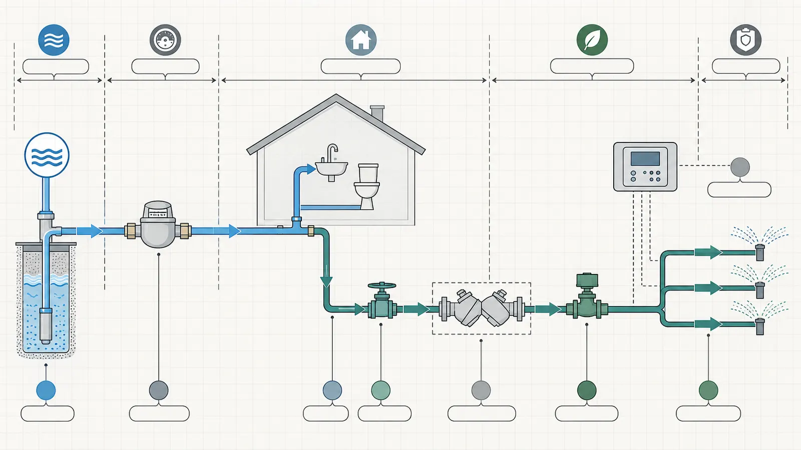 Diagram of a new-home irrigation connection brief showing source, meter, isolation, backflow assembly, branch and responsible parties
