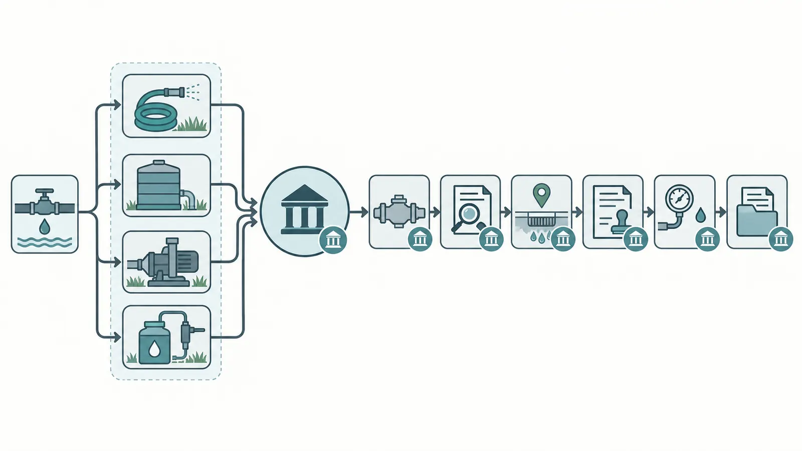 Decision map connecting irrigation source and cross-connections to local hazard review, approved device category, permit and testing