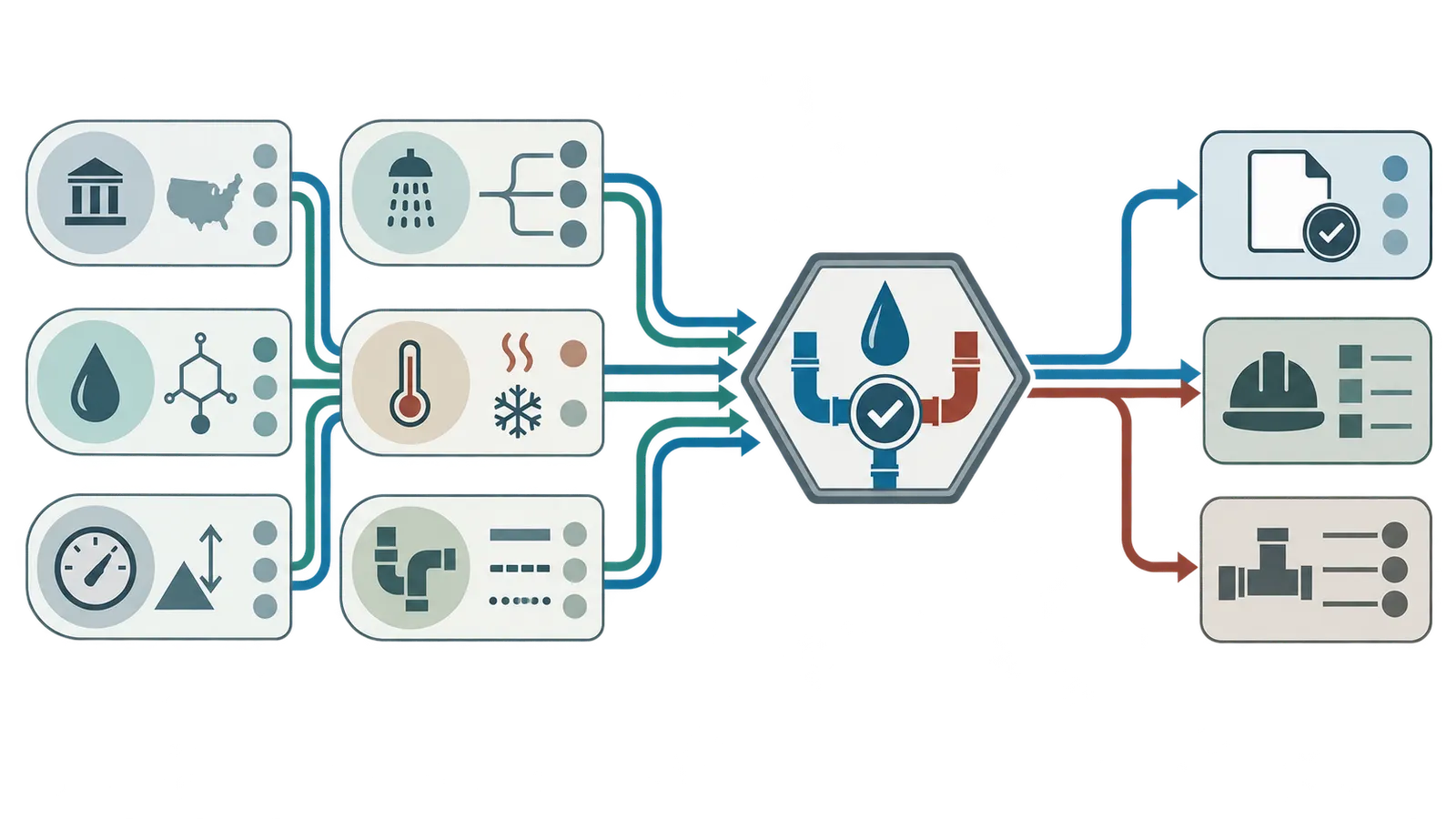 Decision map from project inputs to a documented potable-water pipe system before rough-in