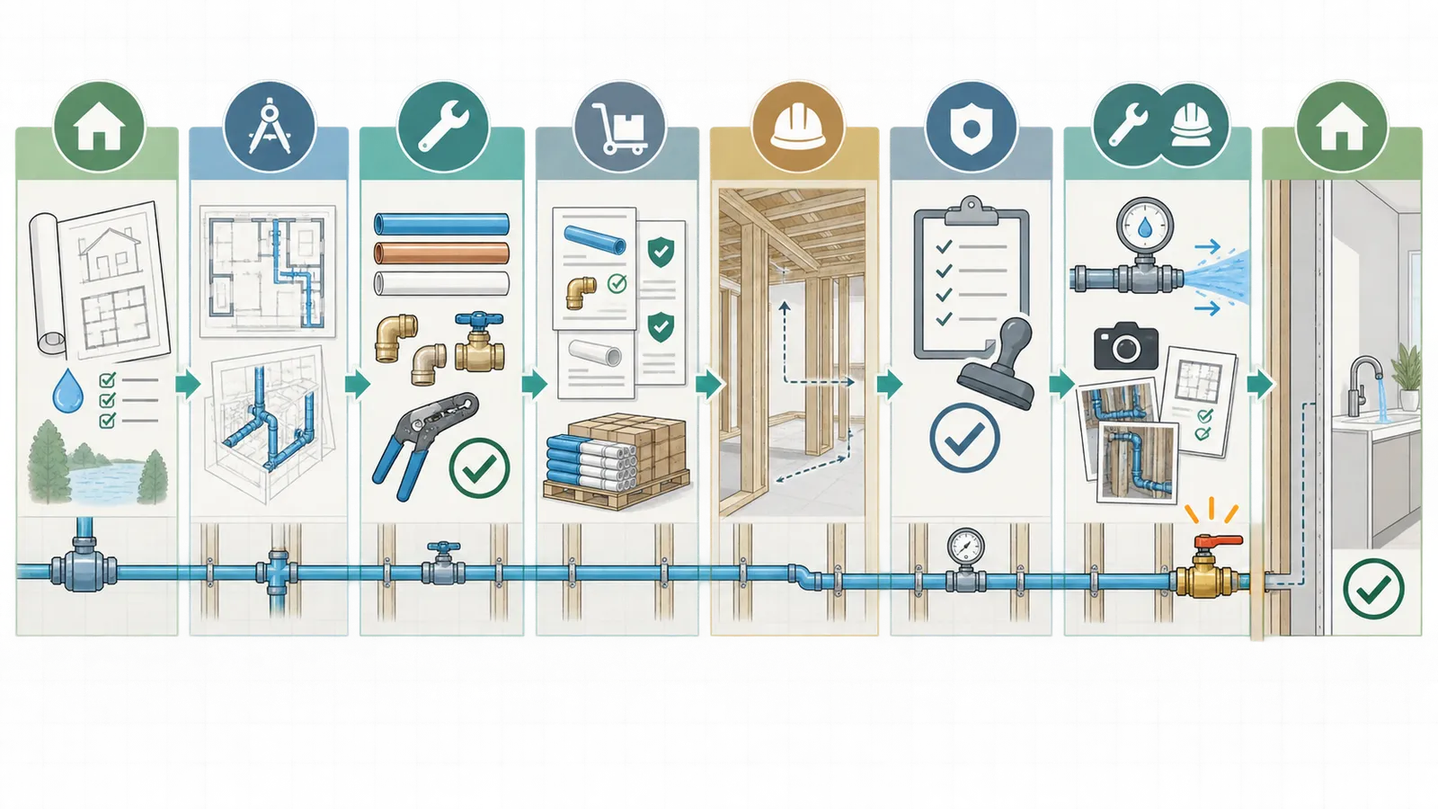 Pre-rough-in handoff sequence from homeowner inputs through inspection and concealed-work records