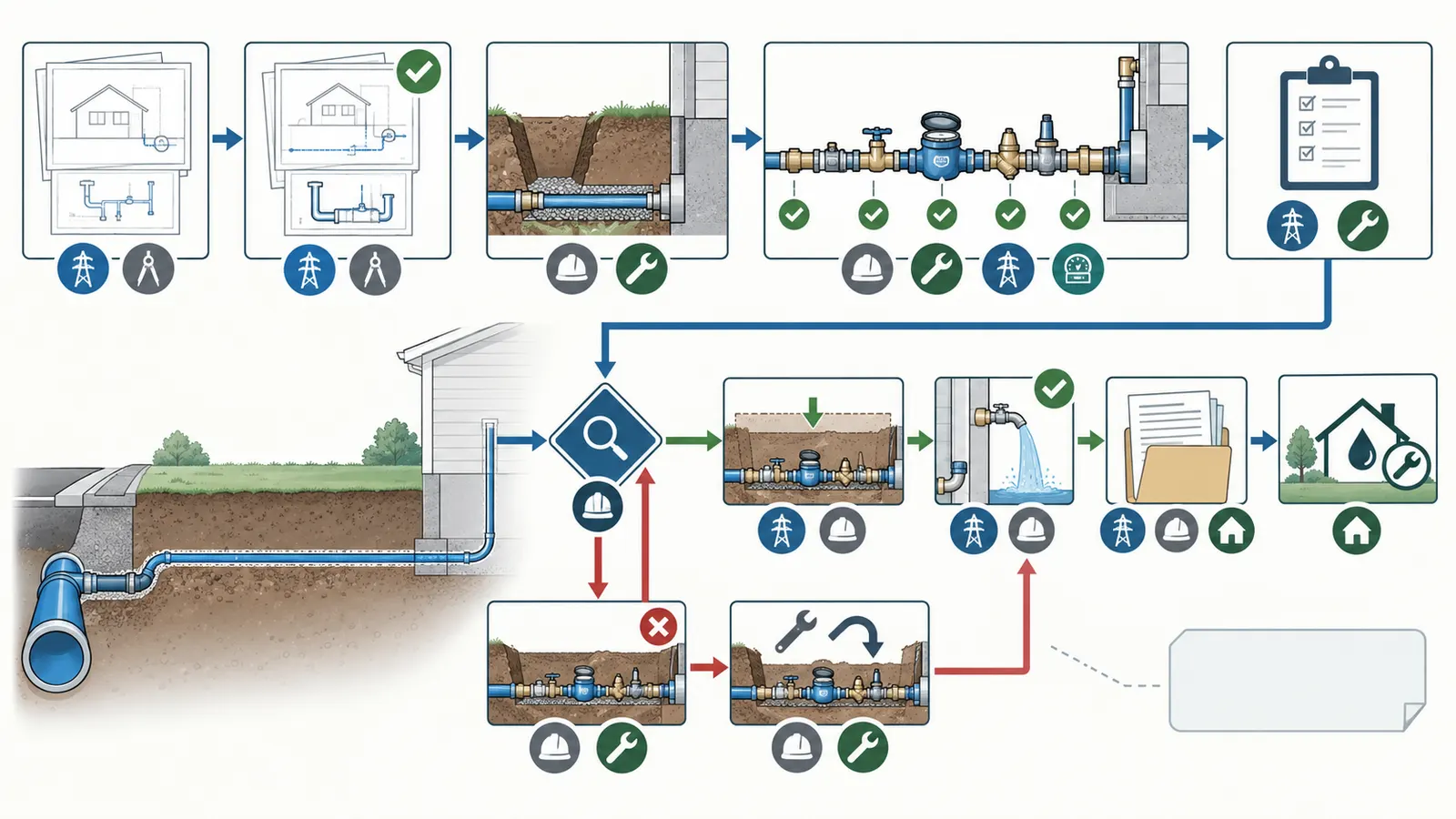 Decision map from approved water-service plan through visible installation, inspection, correction, acceptance, and homeowner closeout