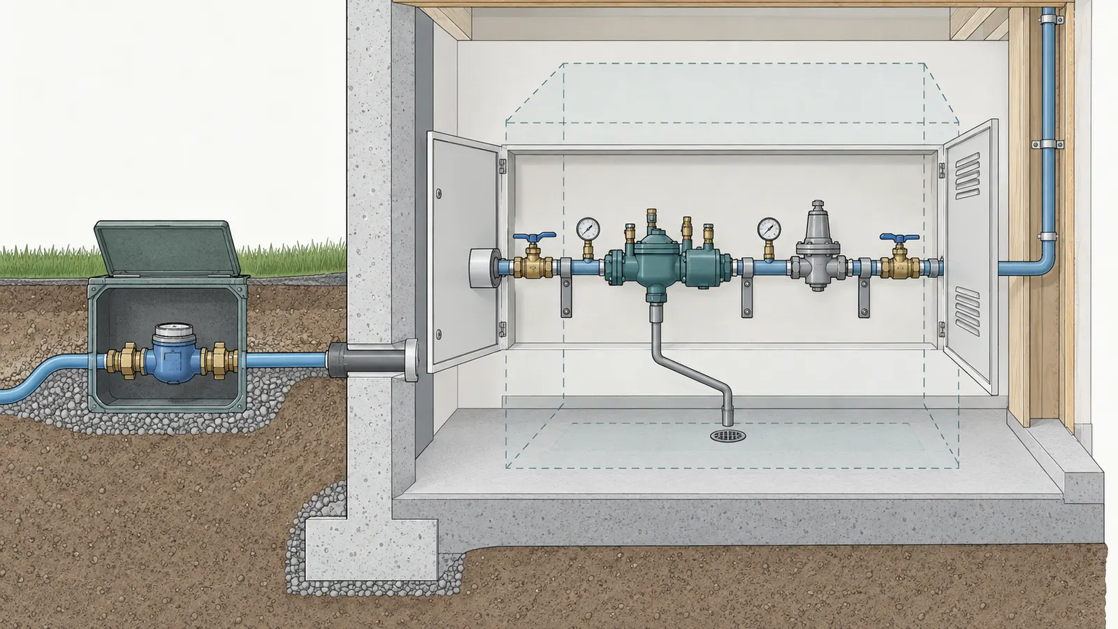 Cutaway utility-room and meter-box detail showing accessible shutoffs, backflow protection, regulator, and test points