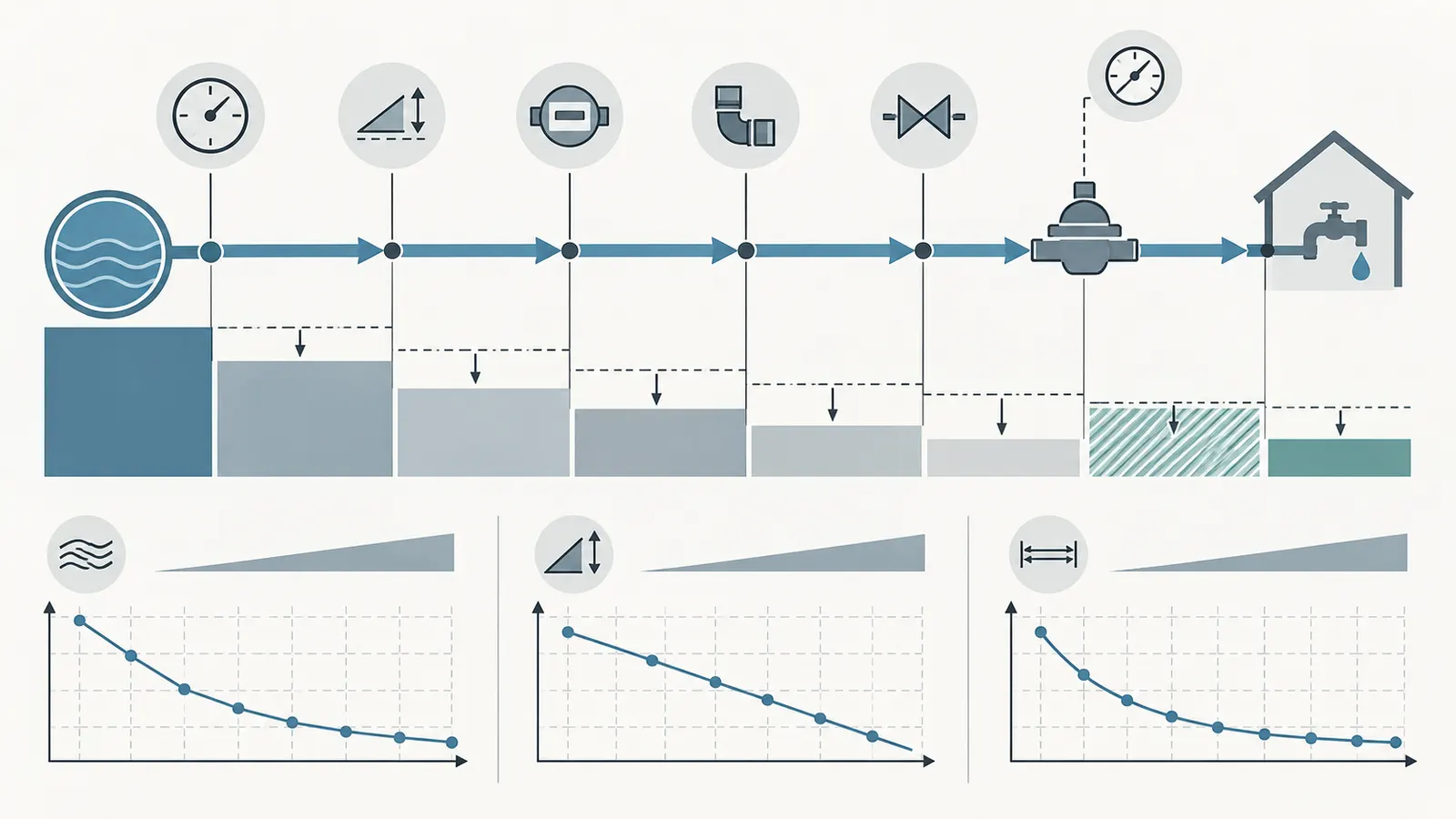 Comparison graphic showing a pressure ledger from utility supply through elevation, meter, pipe, fittings, and regulator