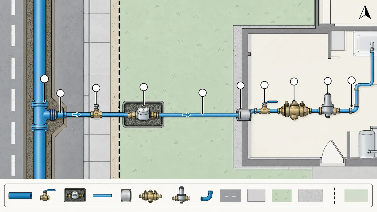 Labeled plan-view diagram tracing a public water main through the meter and private service line to the new home