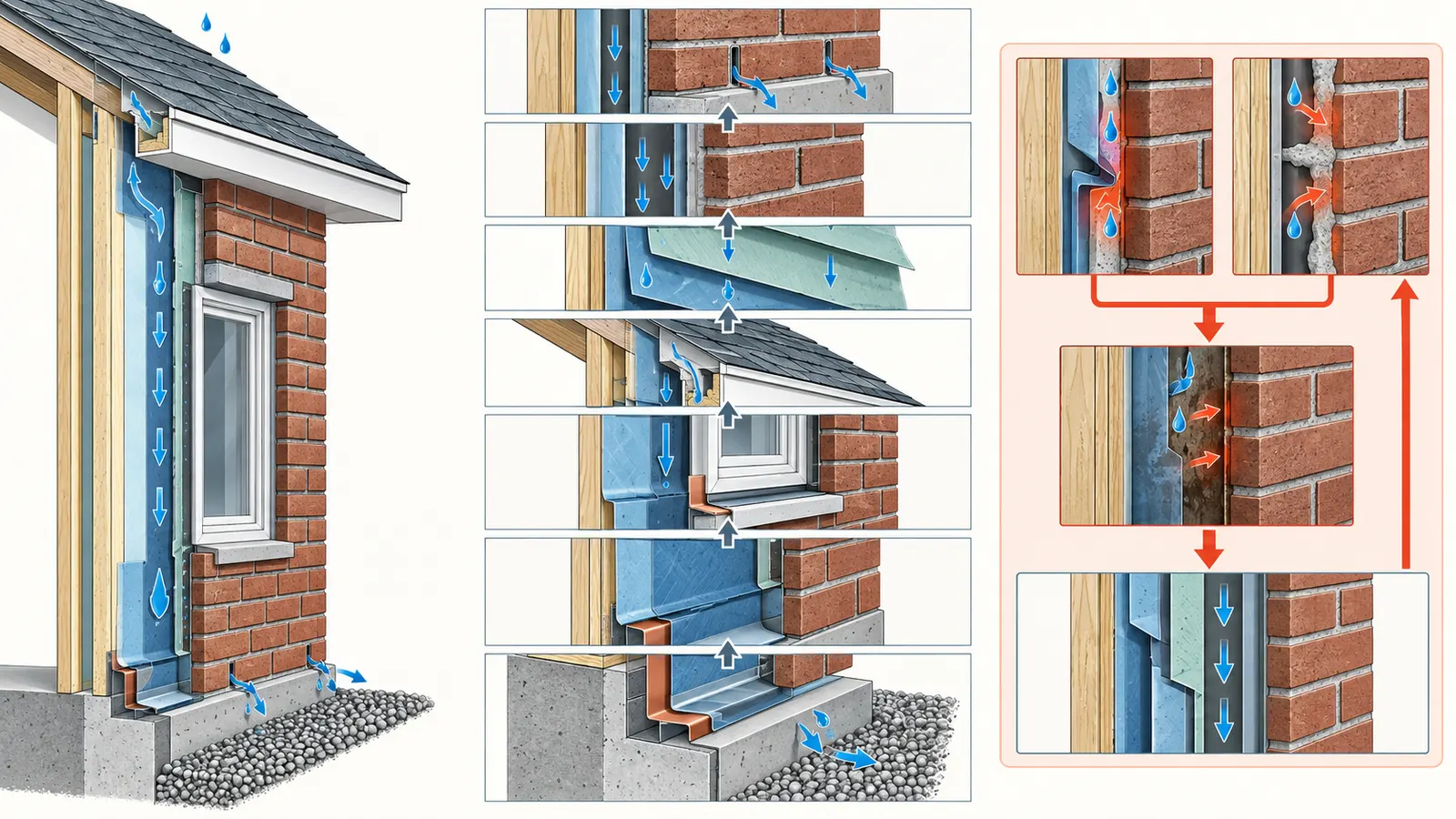 Bottom-up drainage-plane sequence linking WRB laps, flashing, cavity, weeps and exterior discharge