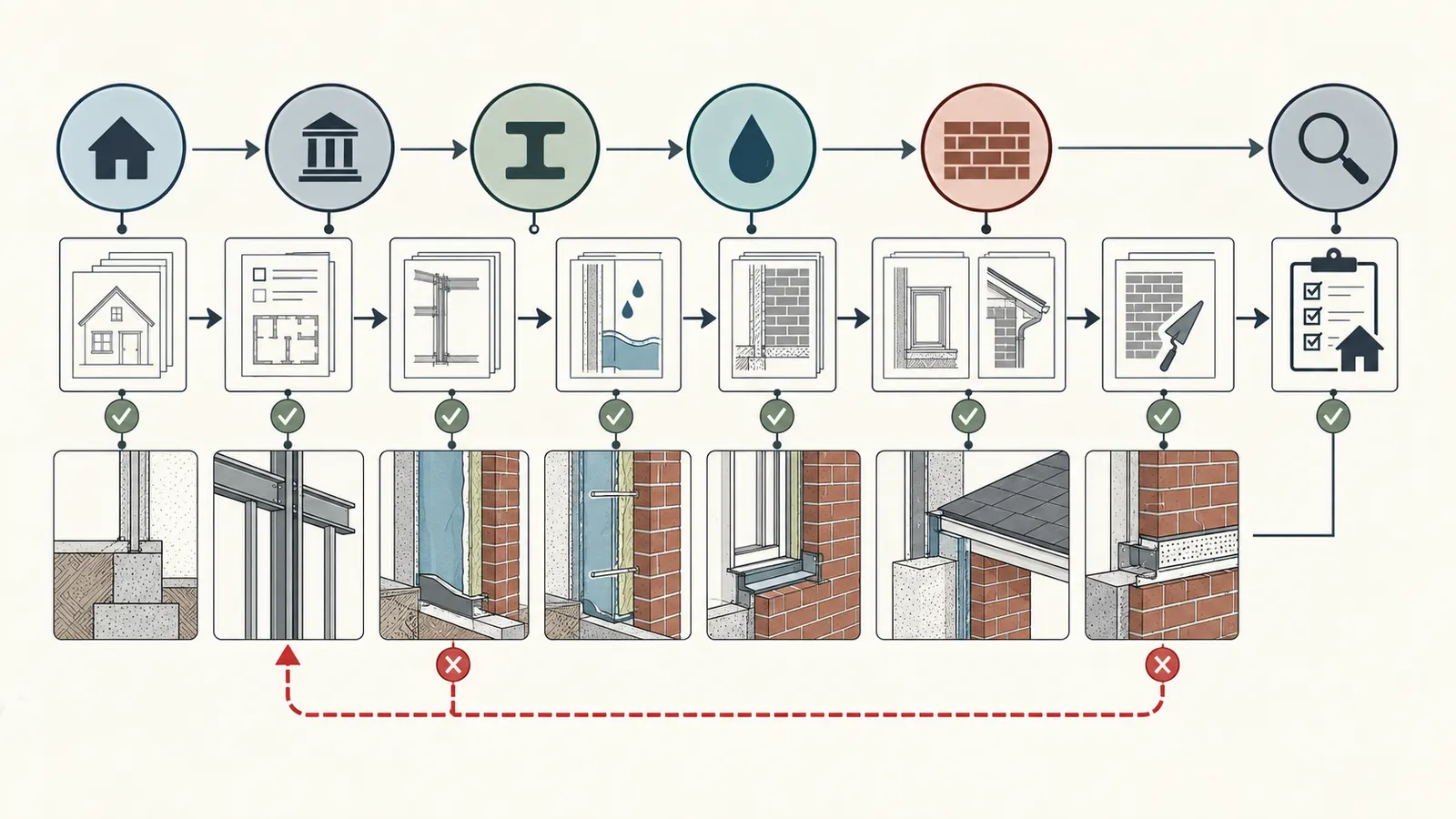 Decision map from wall-section release through support, drainage, masonry hold points and closeout