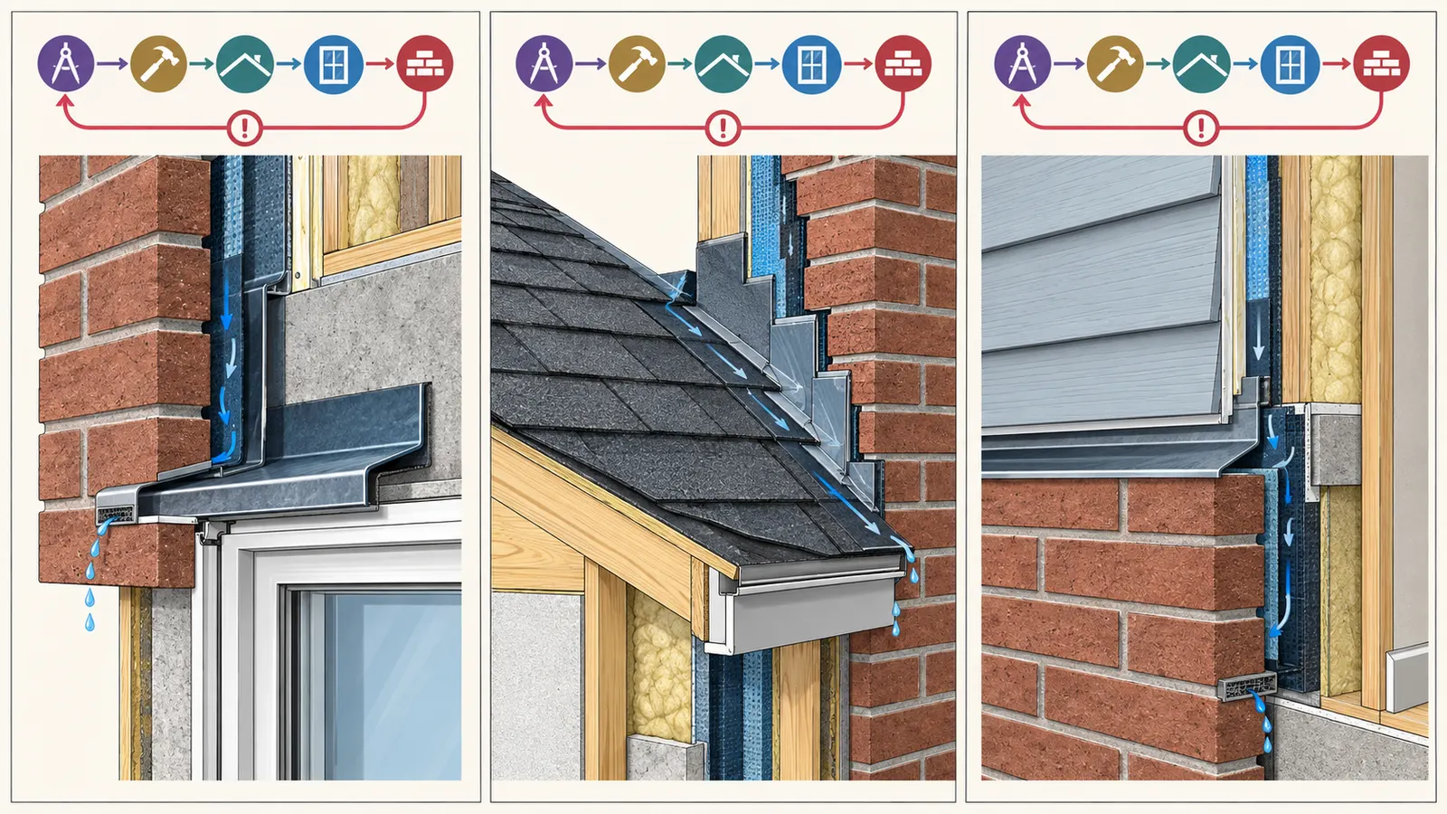 Comparison of brick veneer conditions at a window, roof intersection and mixed-cladding transition