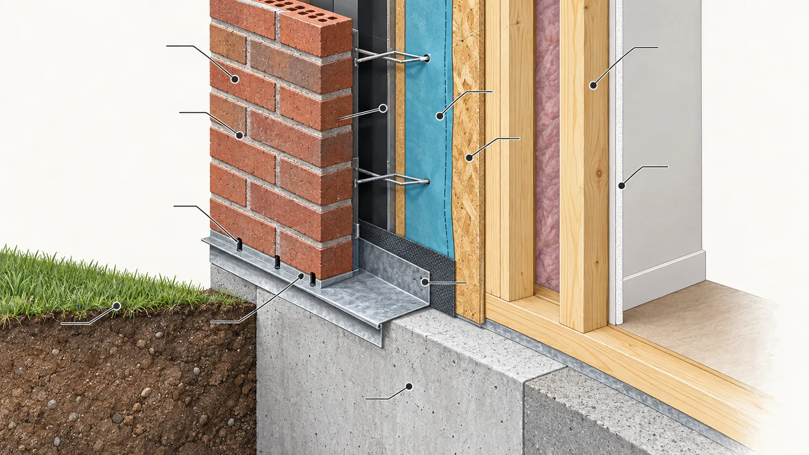 Cutaway wall section showing brick veneer, drainage cavity, ties, WRB, flashing and support