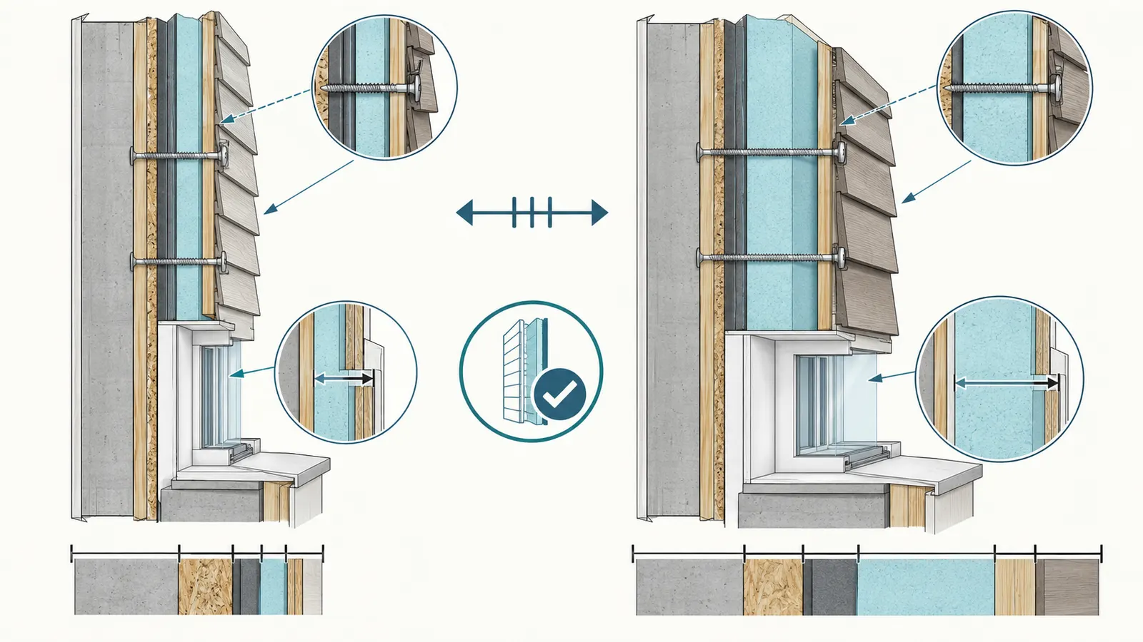 Comparison graphic showing how thicker insulation and heavier cladding reopen fastener, furring, load-path, and opening decisions.
