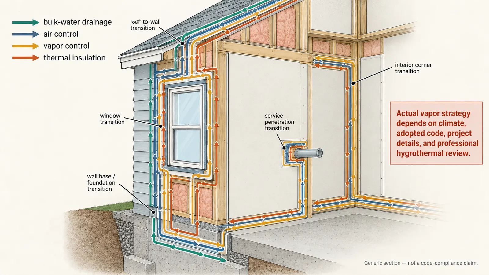 Wall-section diagram tracing water, air, vapor, and thermal control layers through an opening and roof-to-wall transition.
