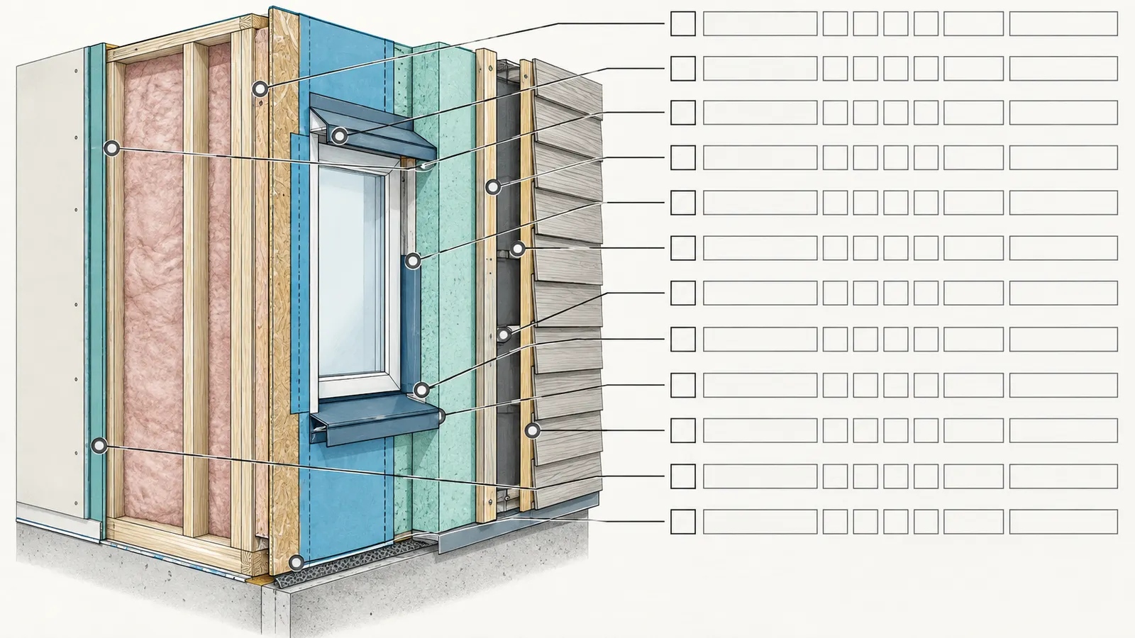 Annotated wall cutaway paired with a register row for layers, interfaces, accessories, owners, and verification records.