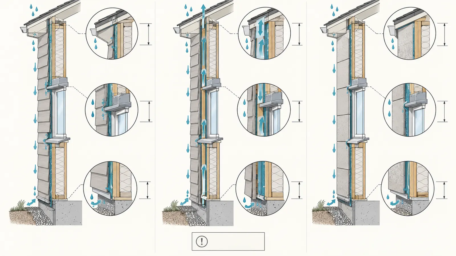 Side-by-side cladding comparison showing direct-applied, furring-gap, and non-vented paths to drainage exits