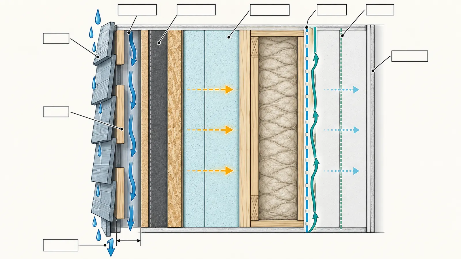 Exterior-to-interior wall cutaway labeling cladding, gap, WRB, air, vapor, thermal, and structural controls