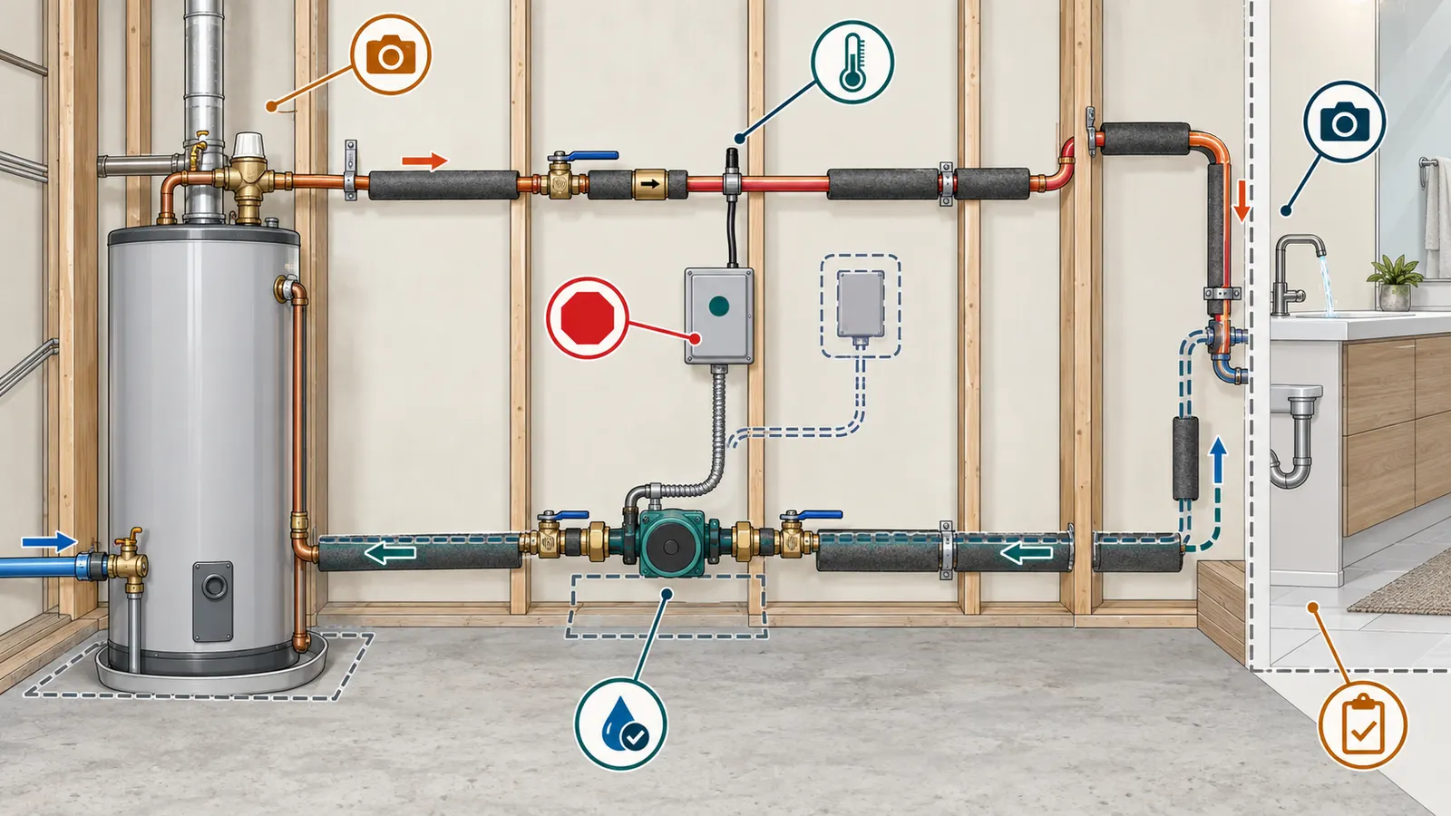 Cutaway schematic of a water heater, pump, dedicated return or crossover, sensors, valves, insulation, control, and verification points