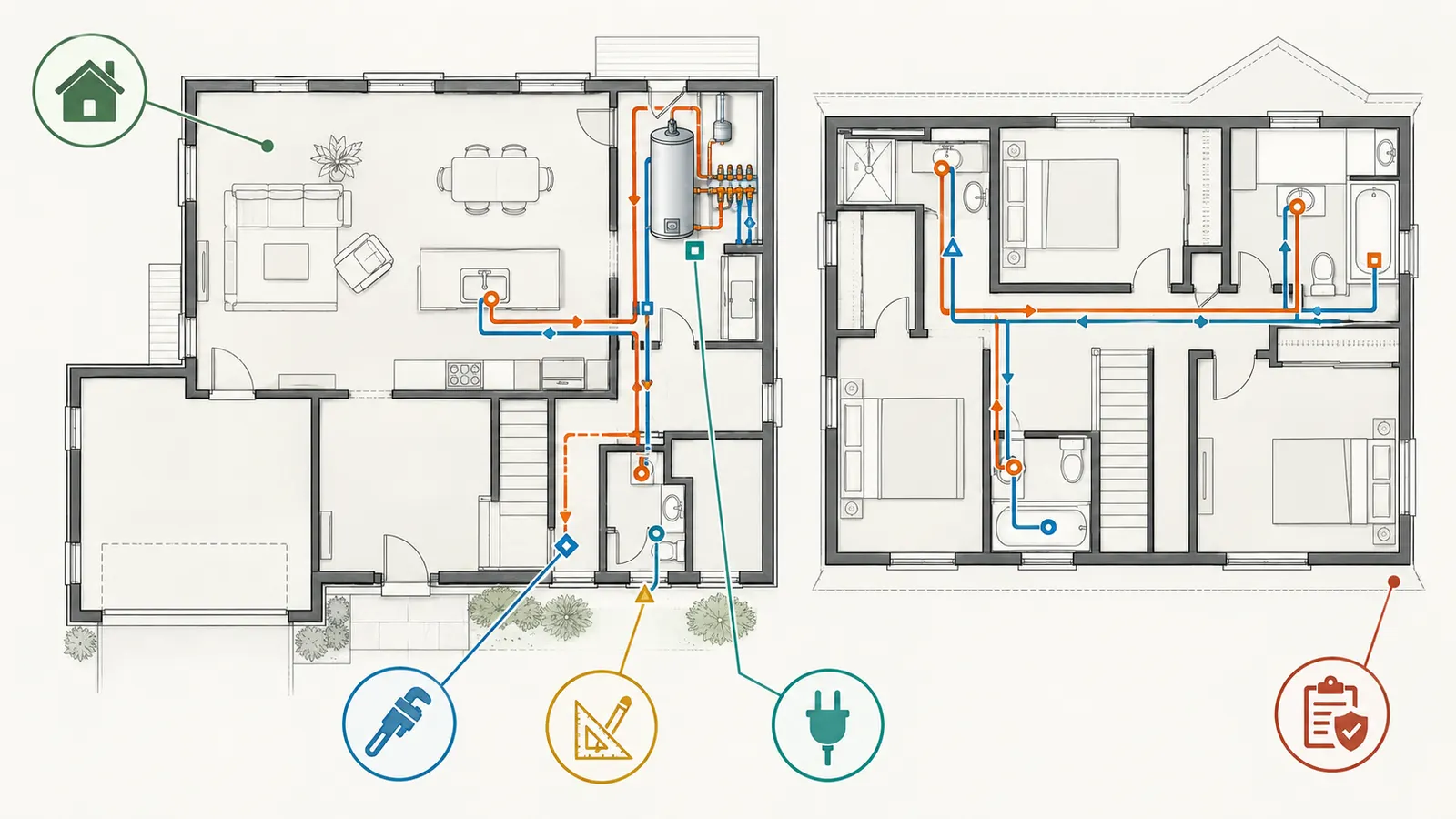 Annotated two-story home plan mapping hot-water fixtures, source points, route segments, and responsibility handoffs before rough-in