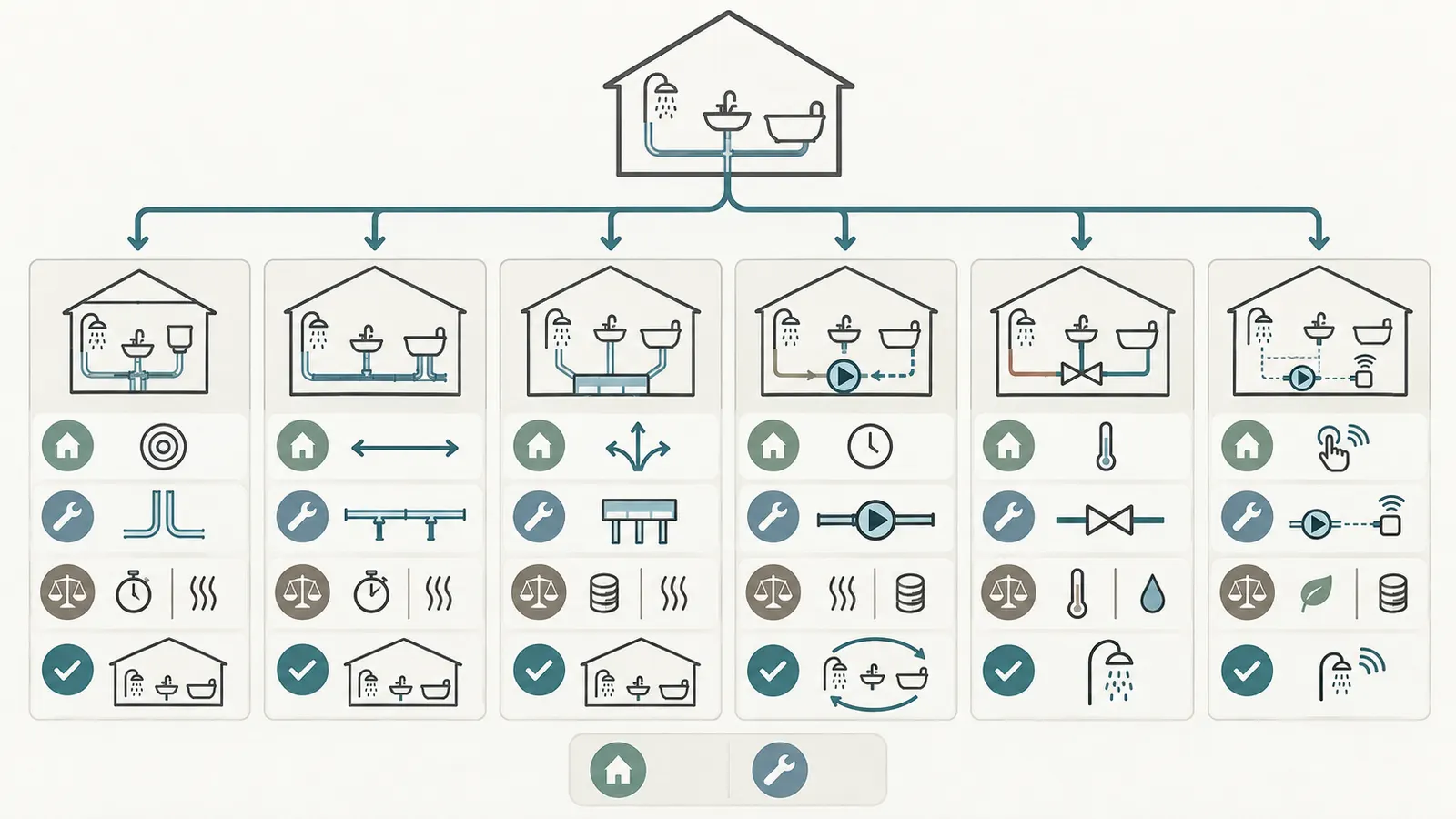 Decision map comparing compact core, trunk-and-branch, manifold, dedicated return, crossover, and demand options