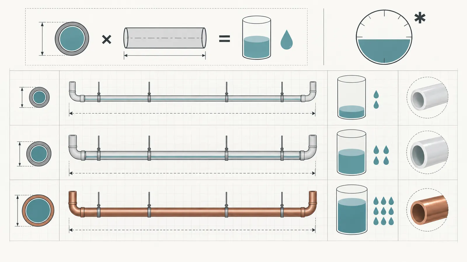 Worked stored-volume comparison showing pipe capacity, route length, formulas, and the 0.5-gallon planning benchmark