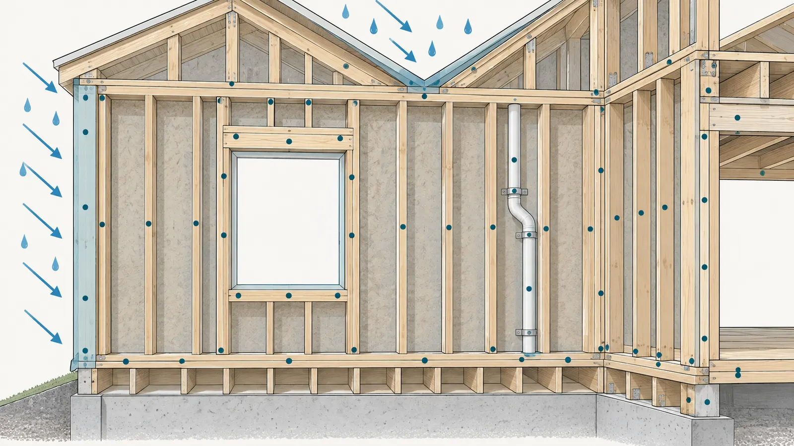 Annotated wall elevation divided into moisture-release zones around openings, corners, plates, rim and roof penetrations.