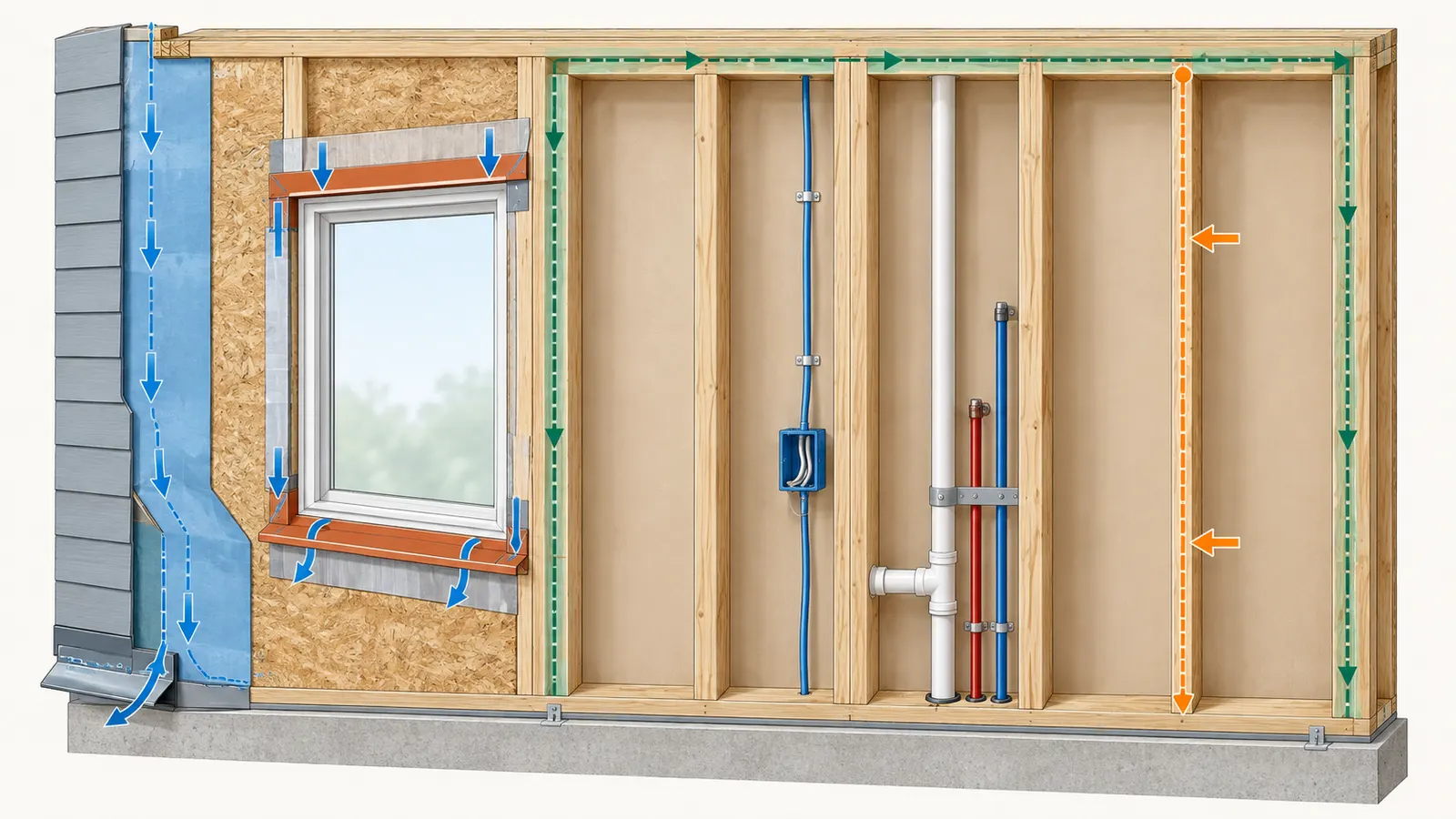 Cutaway wall showing framing, sheathing, WRB, flashing, air-control line, rough-ins and insulation handoff checks.