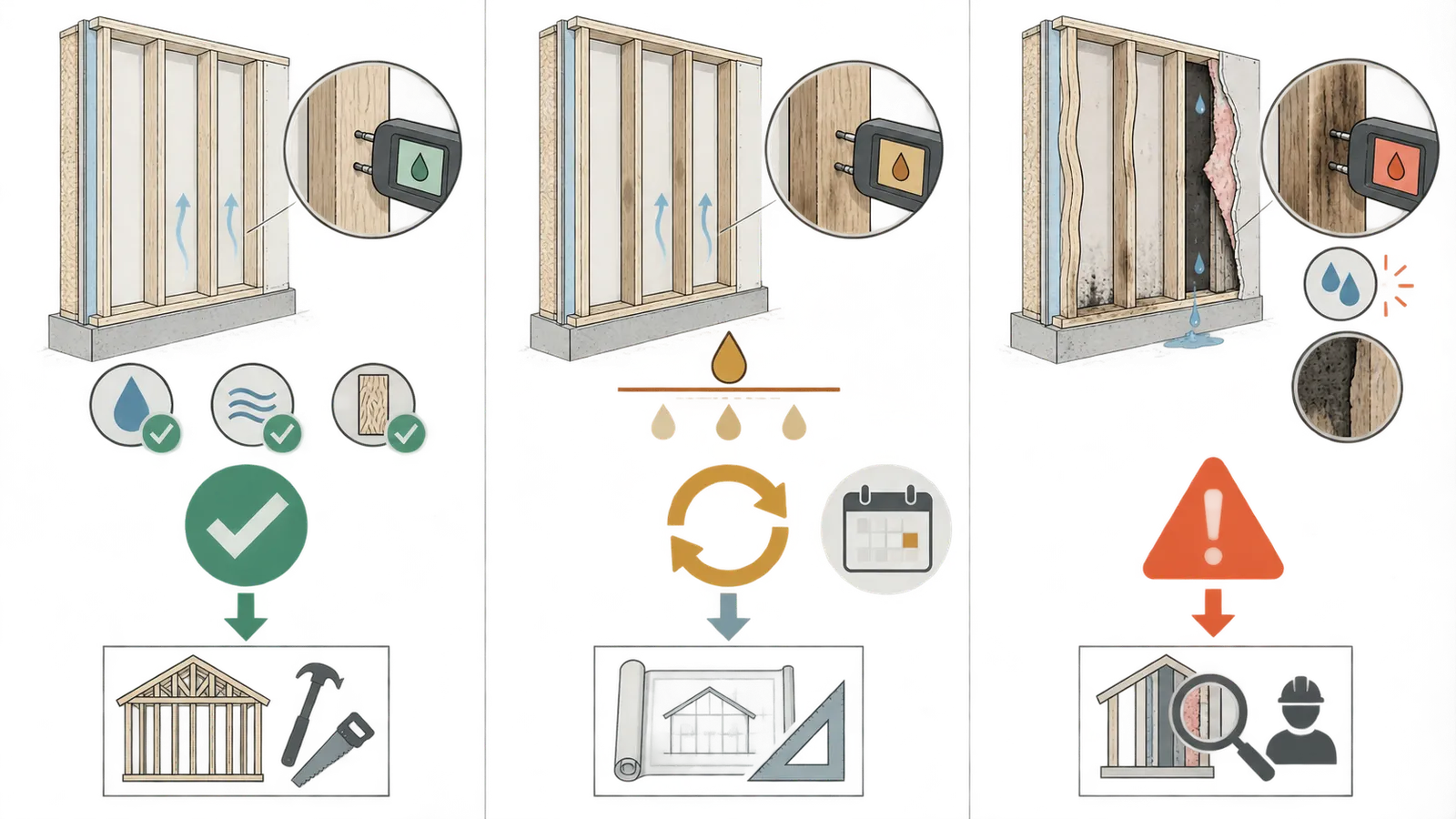 Three-column comparison of release, hold for drying and qualified review with evidence gates and responsible handoffs.