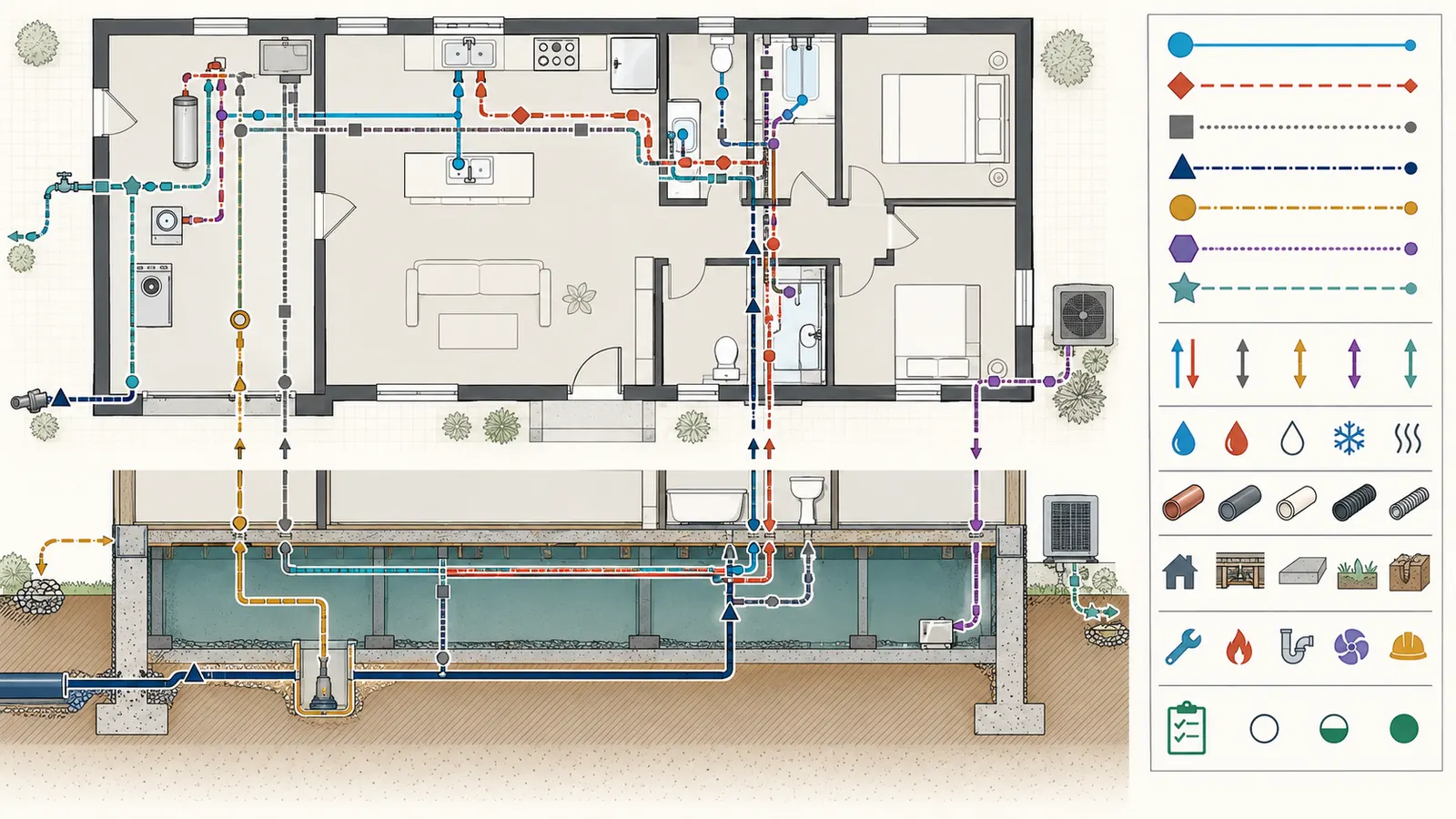 Annotated home plan showing plumbing segments crossing conditioned and freezing-prone zones