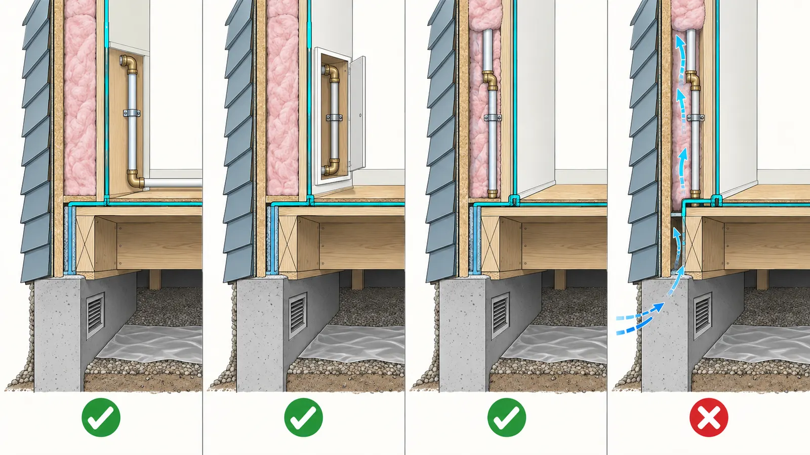 Wall and crawlspace cutaway comparing relocation, enclosure, air sealing, and insulation choices