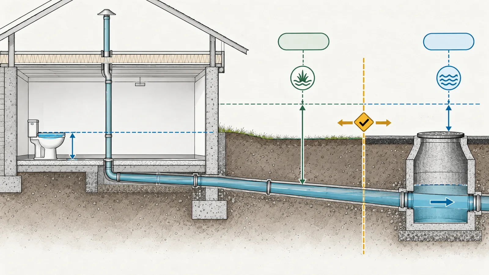 Diagram comparing a fixture flood-level rim with the applicable sewer, septic or flood datum and showing the jurisdiction record needed before selection.