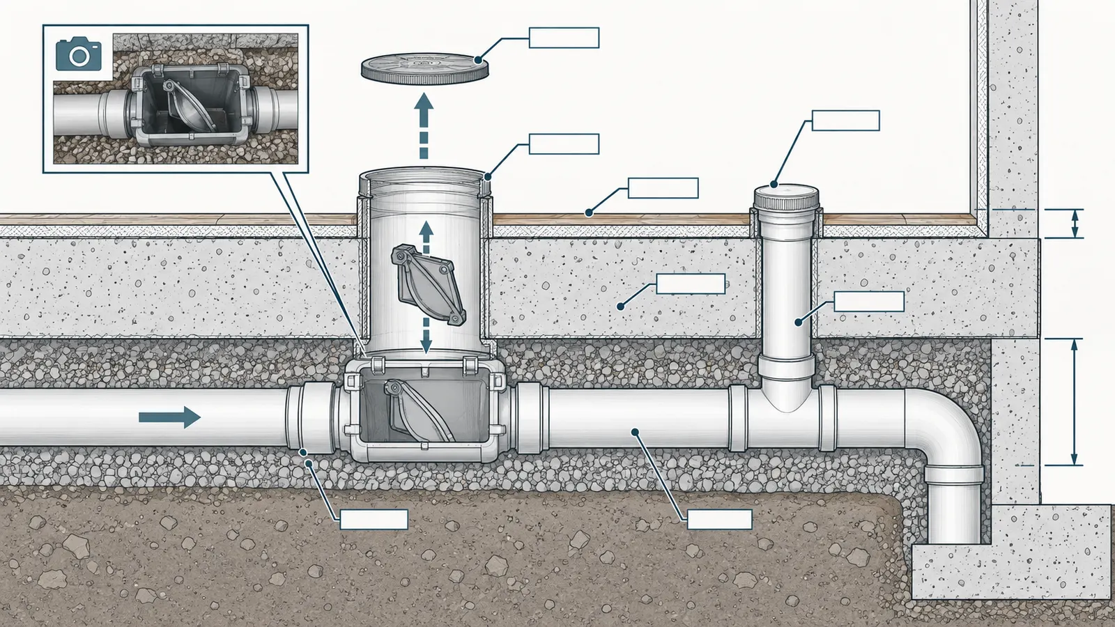 Under-slab cutaway showing a horizontal valve, access sleeve, finished floor, cleanout and service-removal path.