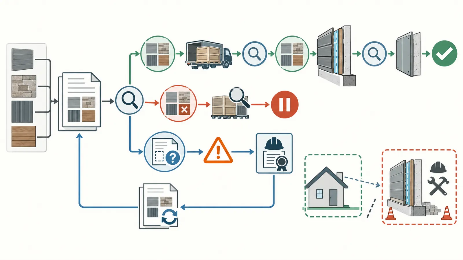 Decision map from document review and delivery inspection to pre-cover evidence, hold, correction or release.