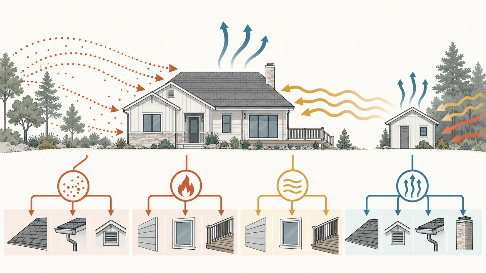 Diagram linking ember, flame, radiant heat and convection exposures to roof, vent, wall, deck and accessory-structure rows.