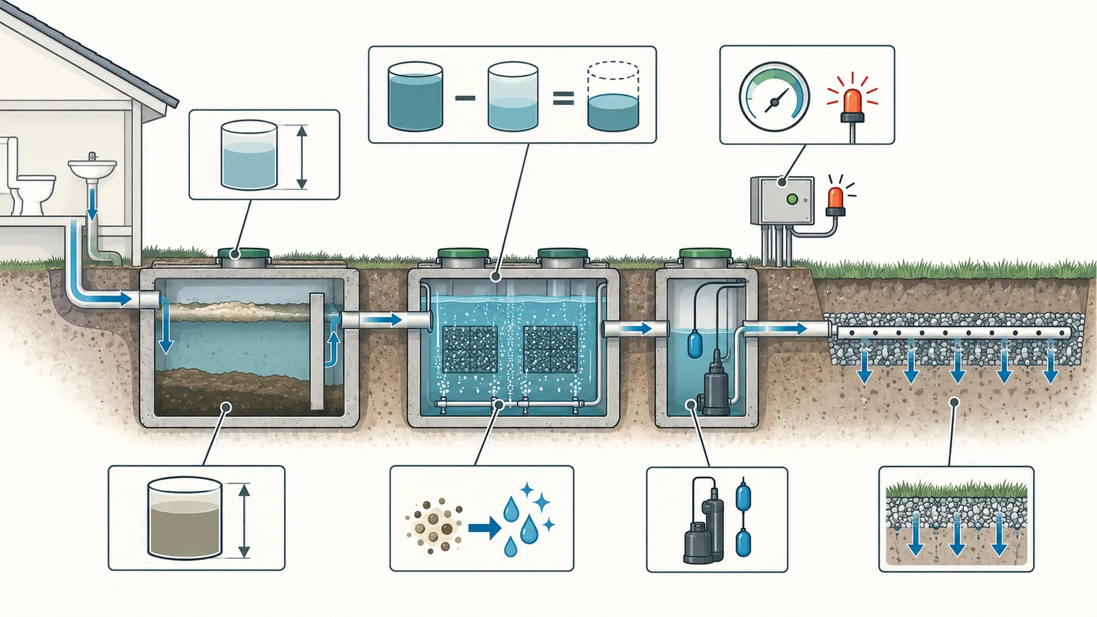 Technical cutaway showing pretreatment tank, advanced treatment unit, dosing tank, design flow, and dispersal interface.