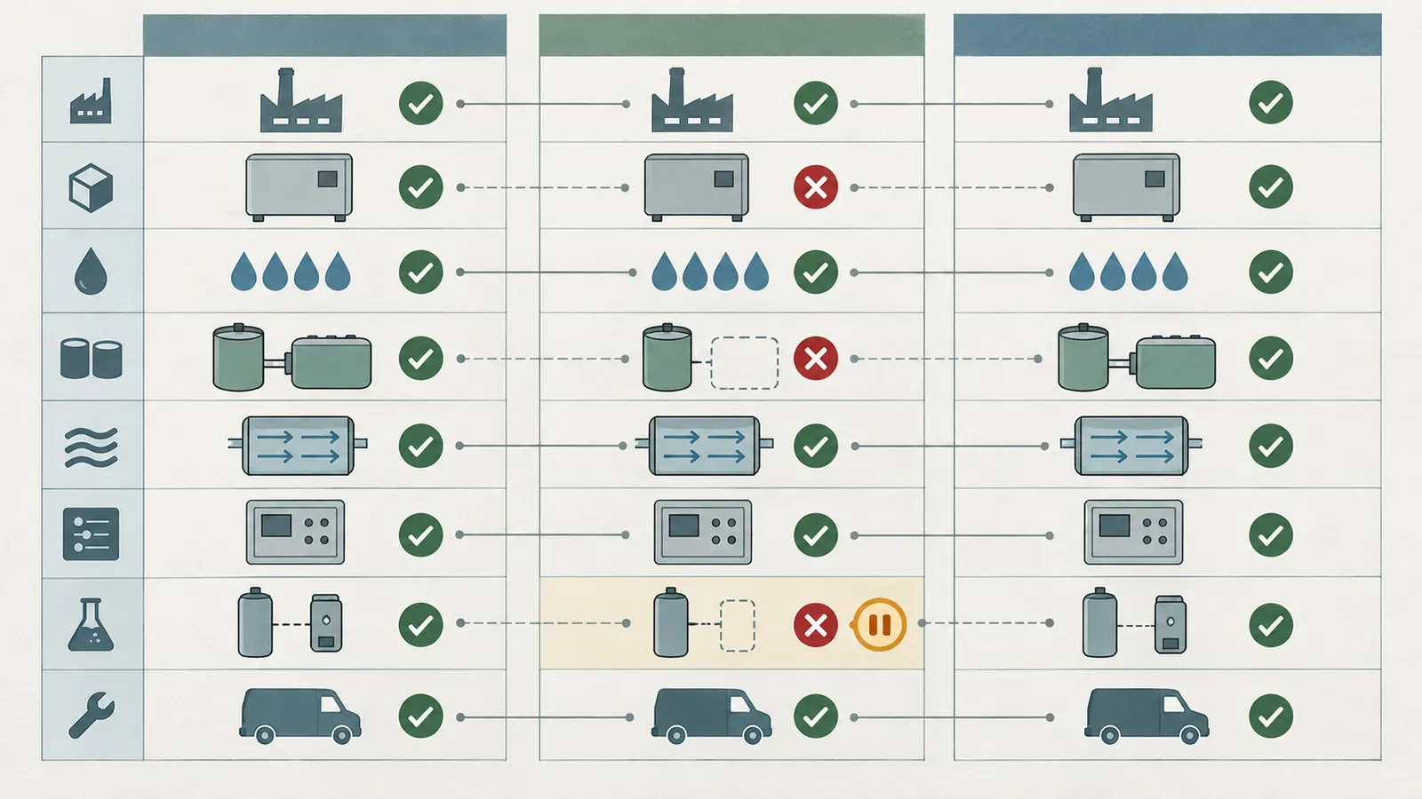Three-column comparison of proposal, certification listing, and approved design fields for one treatment unit.