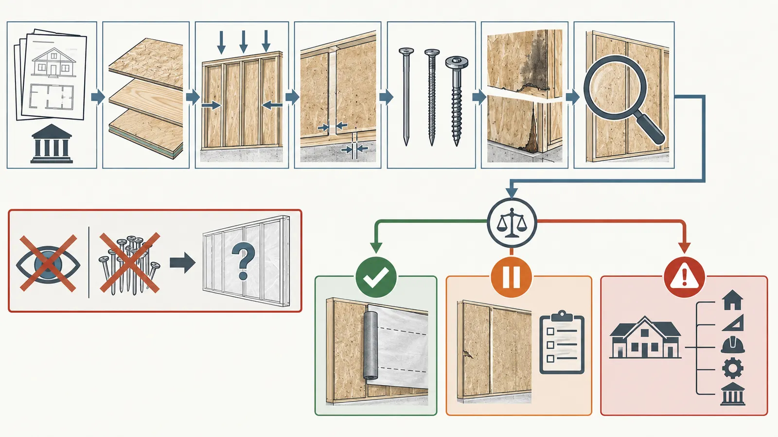 Decision map showing release, hold, and escalate paths for exterior wall sheathing before housewrap
