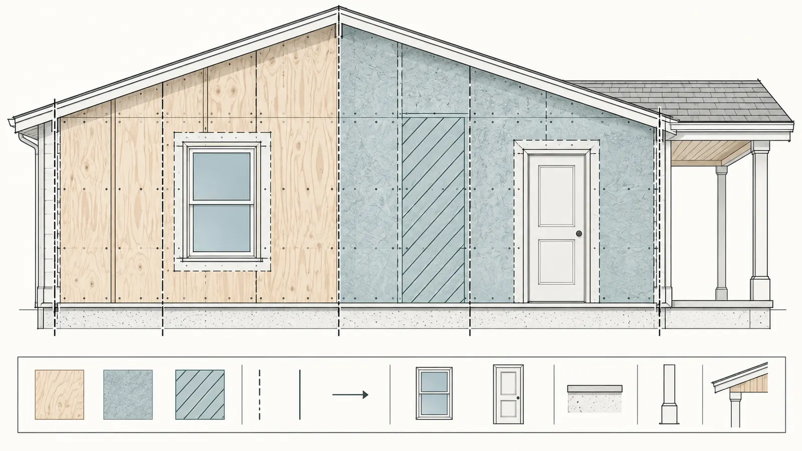 Annotated wall elevation divided into wall IDs around corners, openings, joints, and special structural segments