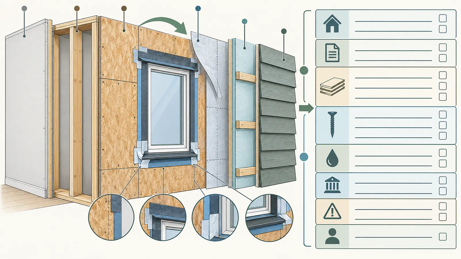Layered wall-envelope handoff diagram linking sheathing evidence to WRB, flashing, insulation, and cladding sequence