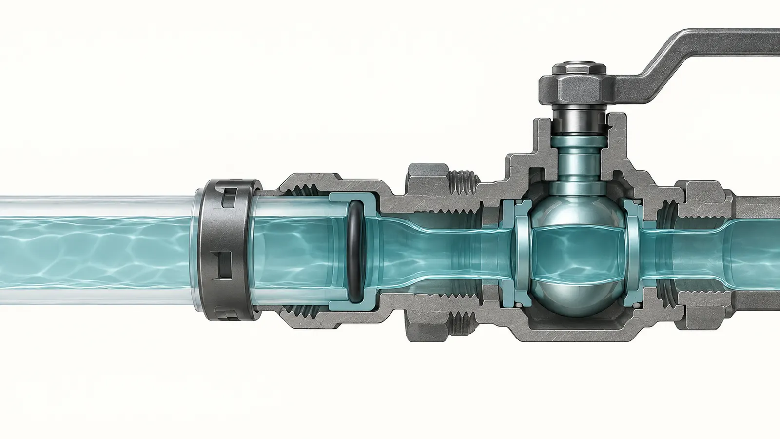 Cutaway view of a potable-water PEX fitting assembly showing pipe, fitting, ring, wetted path, and the separate certification scope to verify.