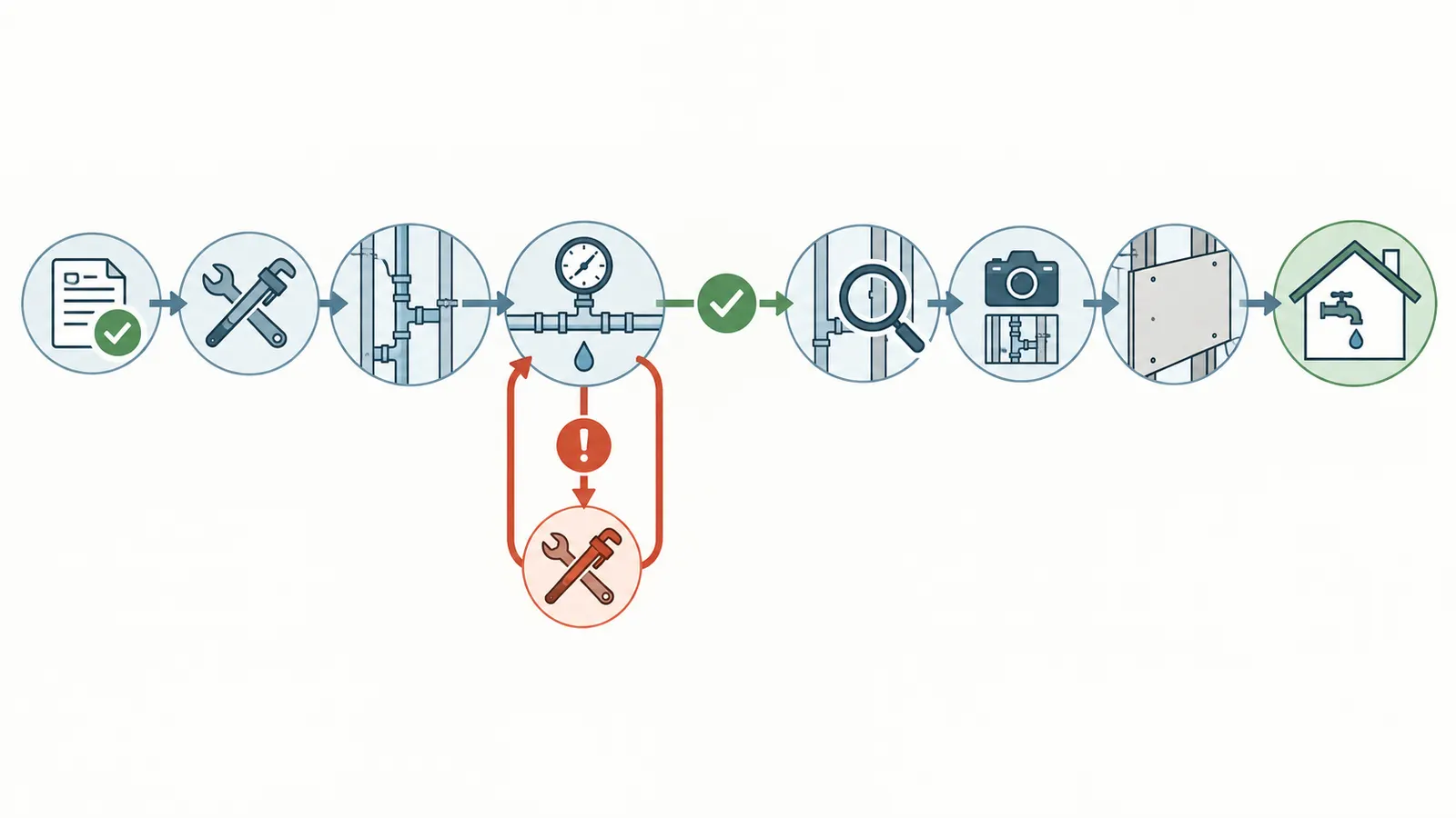 Construction sequence diagram from approved substitution through visible installation, rough inspection, pressure or DWV test, photos, concealment, and handoff.