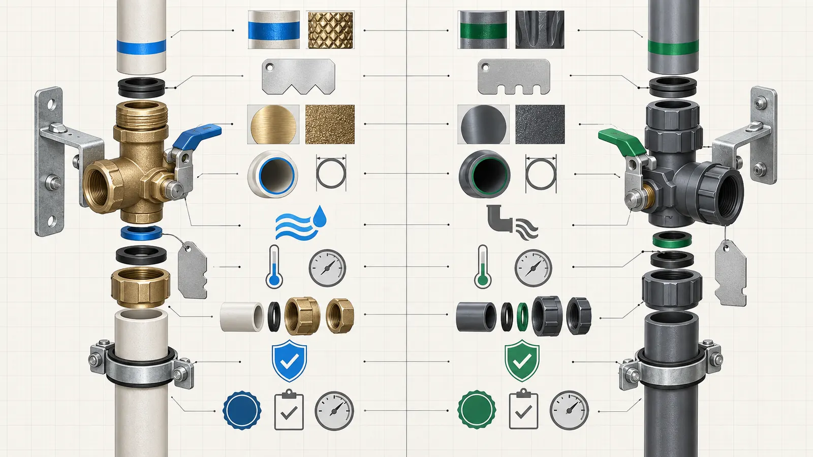 Side-by-side technical comparison of original and proposed plumbing components with matching fields for identity, service, ratings, connection, approval, and testing.