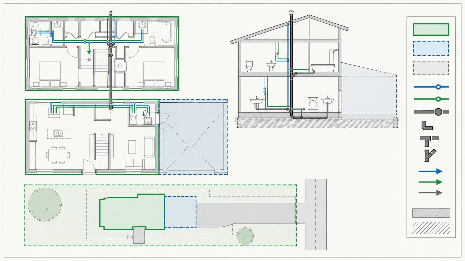Annotated home plan showing AHJ, permit, tested plumbing sections, and held areas
