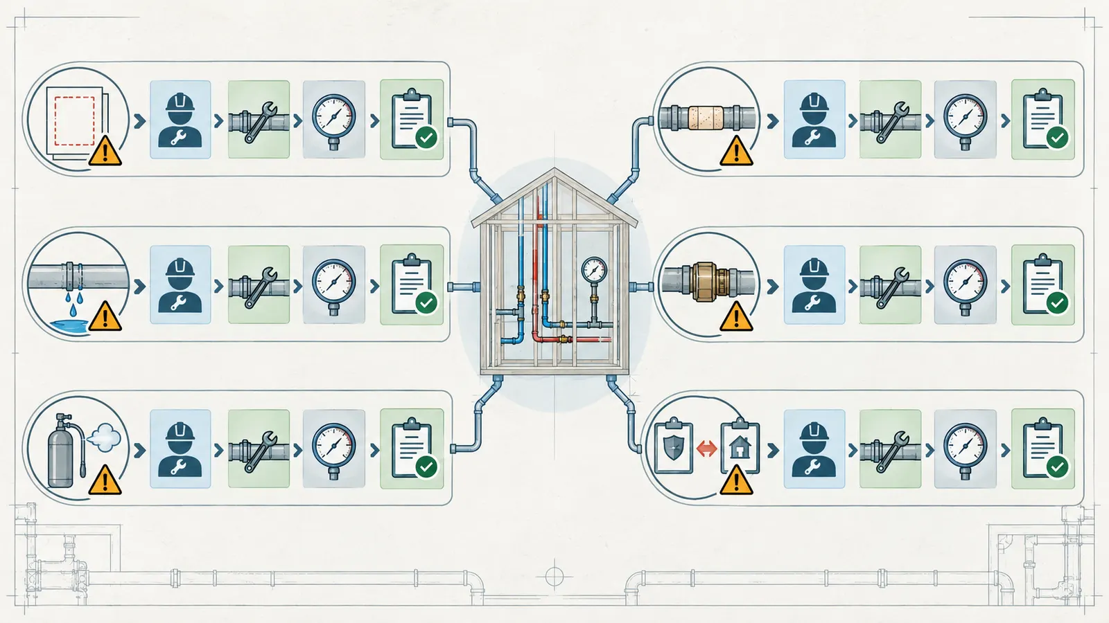 Repair and retest branches for missing, failed, or conflicting plumbing evidence
