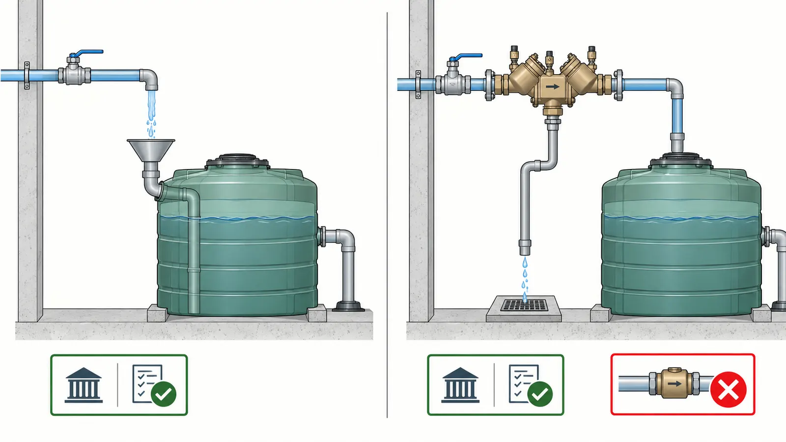 Comparison of an atmospheric air-gap makeup arrangement and an approved backflow assembly with test access, both separated from nonpotable piping.