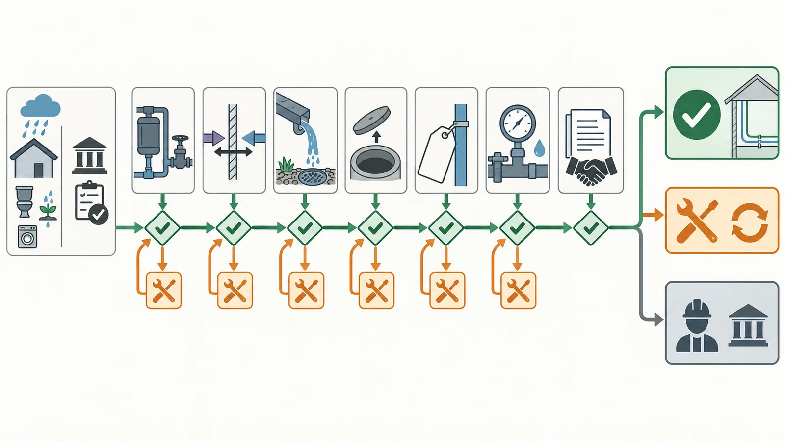 Decision map showing approve, correct, or defer branches for an open rainwater system before concealment.