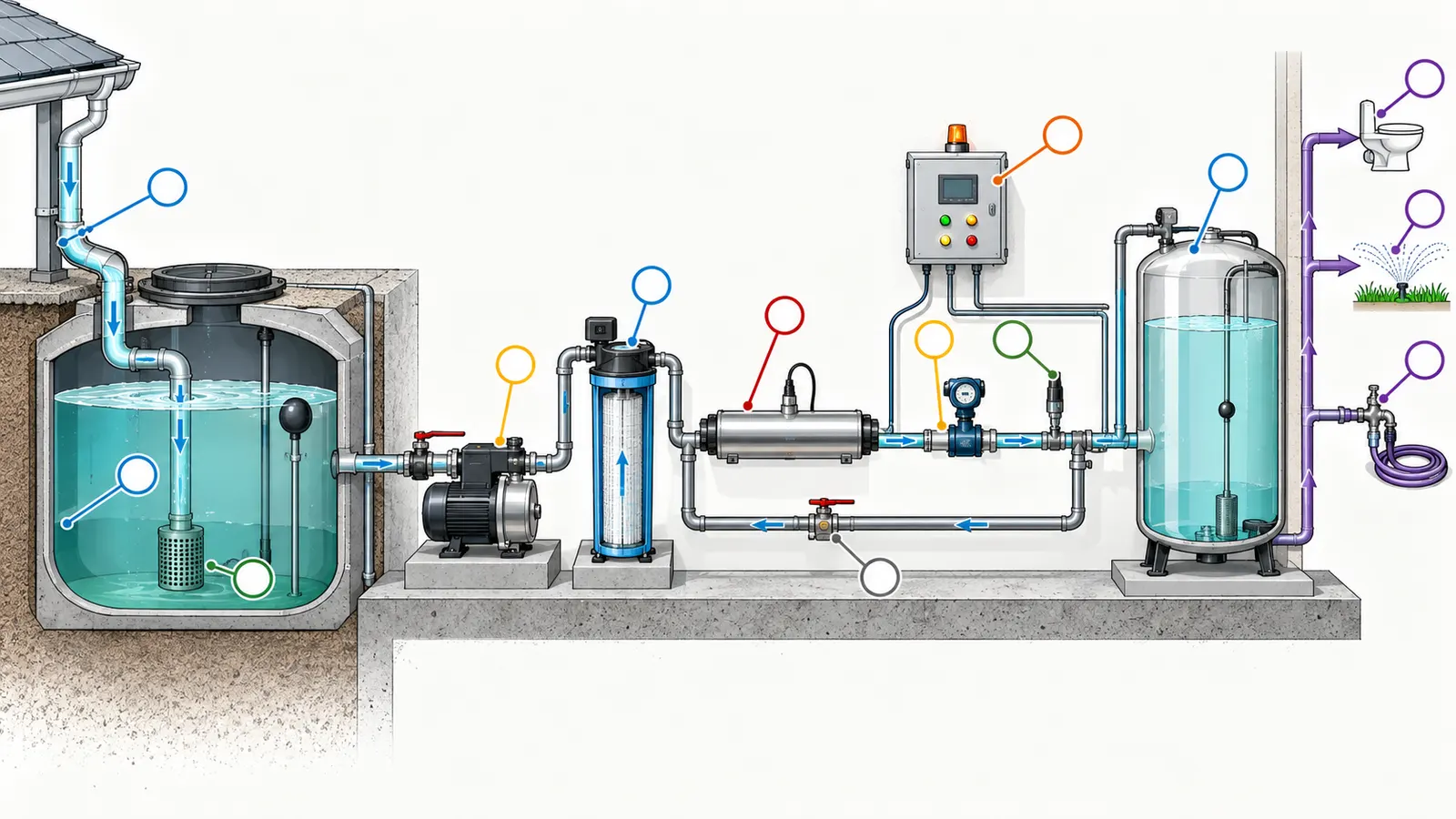 Treatment-train cutaway showing filtration, disinfection, monitoring points, alarms, bypass control, and nonpotable outlet.