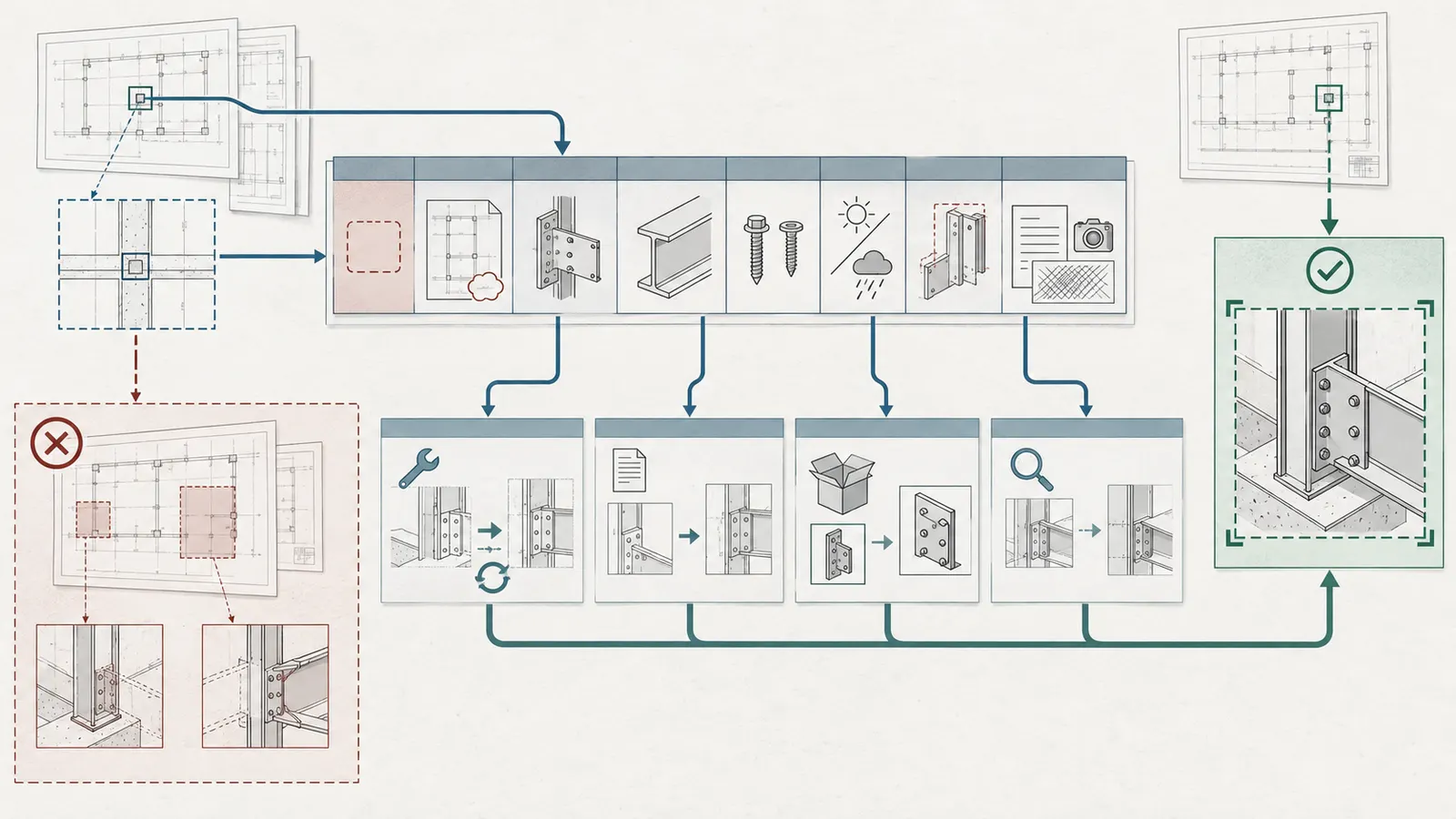 Connector acceptance matrix row flowing from evidence capture through builder correction or professional disposition to close-up release