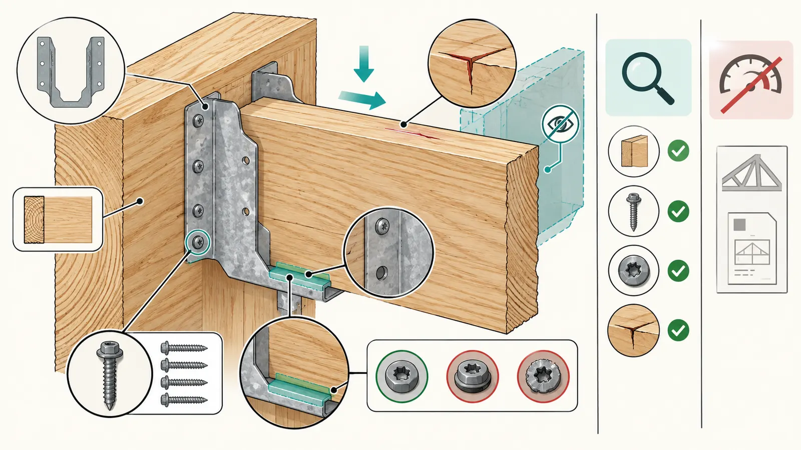 Annotated wood connector cutaway showing model, members, bearing, fastener pattern, filled holes and access limits