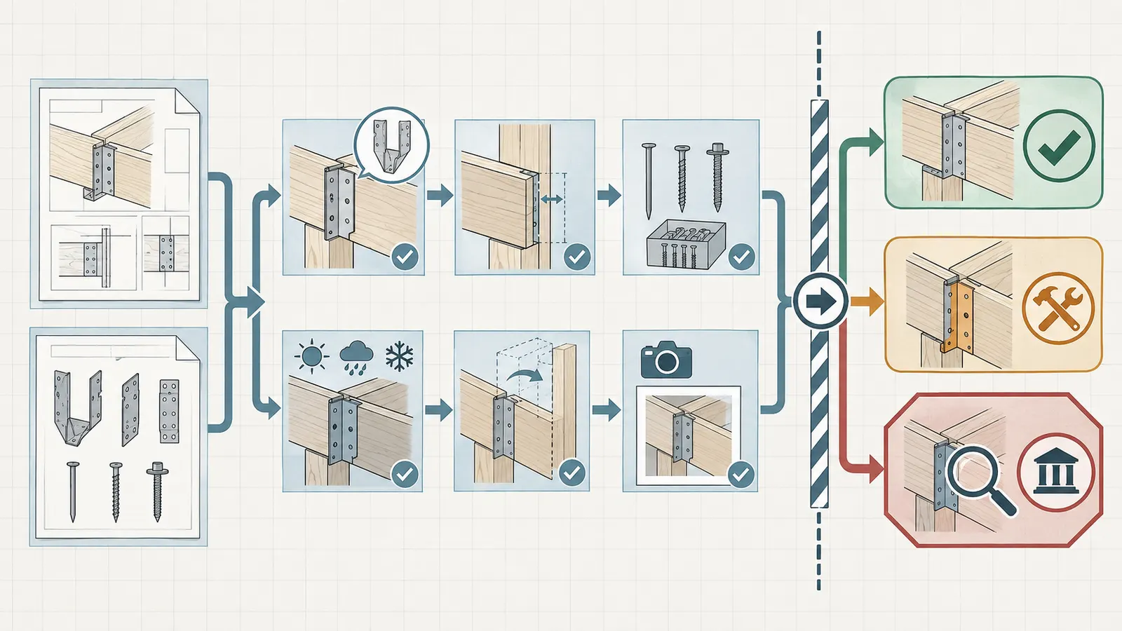 Decision map from approved detail and field observations to proceed, correct and recheck, or hold for review