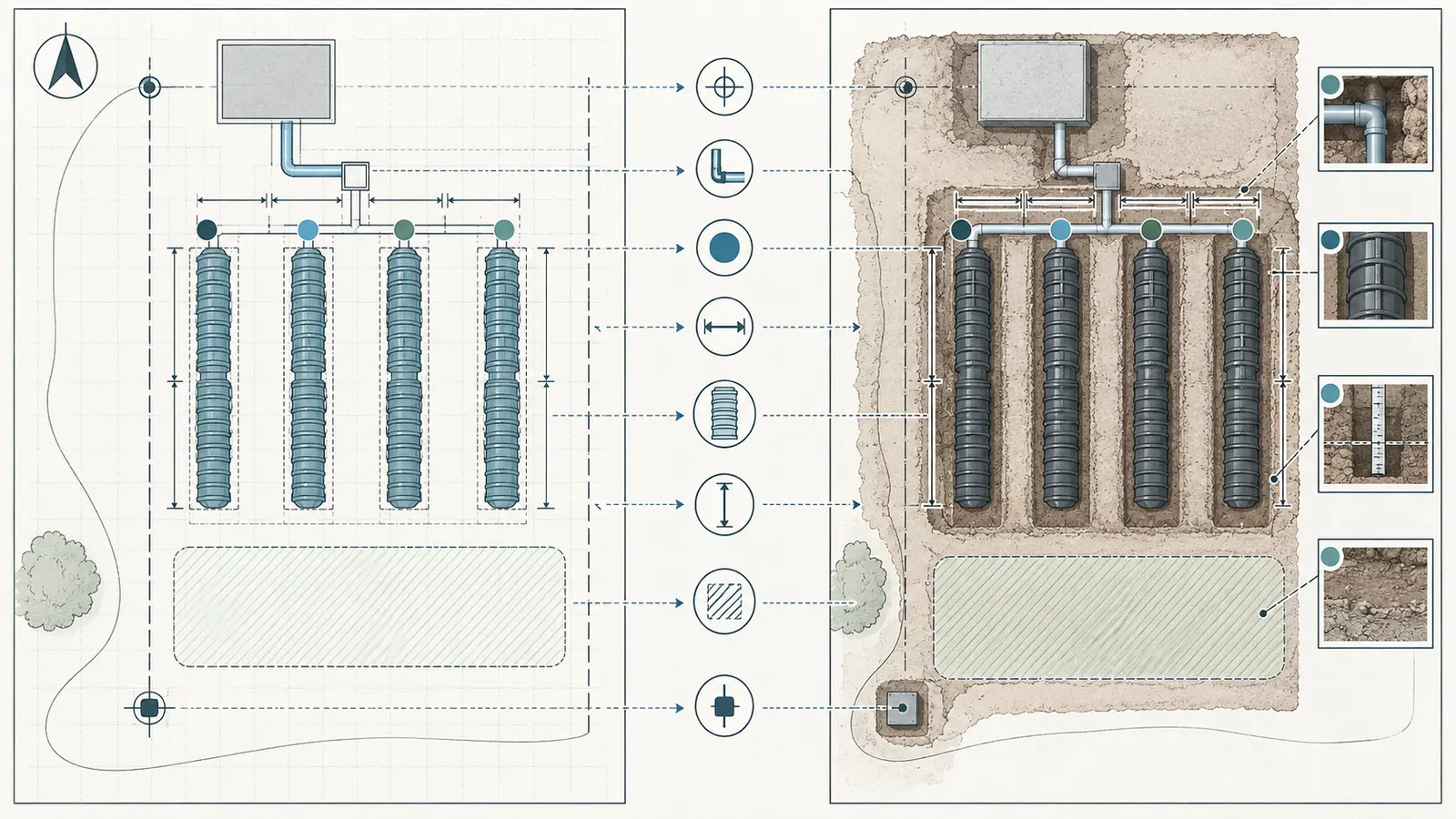 Side-by-side comparison of an approved septic drainfield layout and the exposed field record with rows, spacing, inverts, fill, and photo IDs